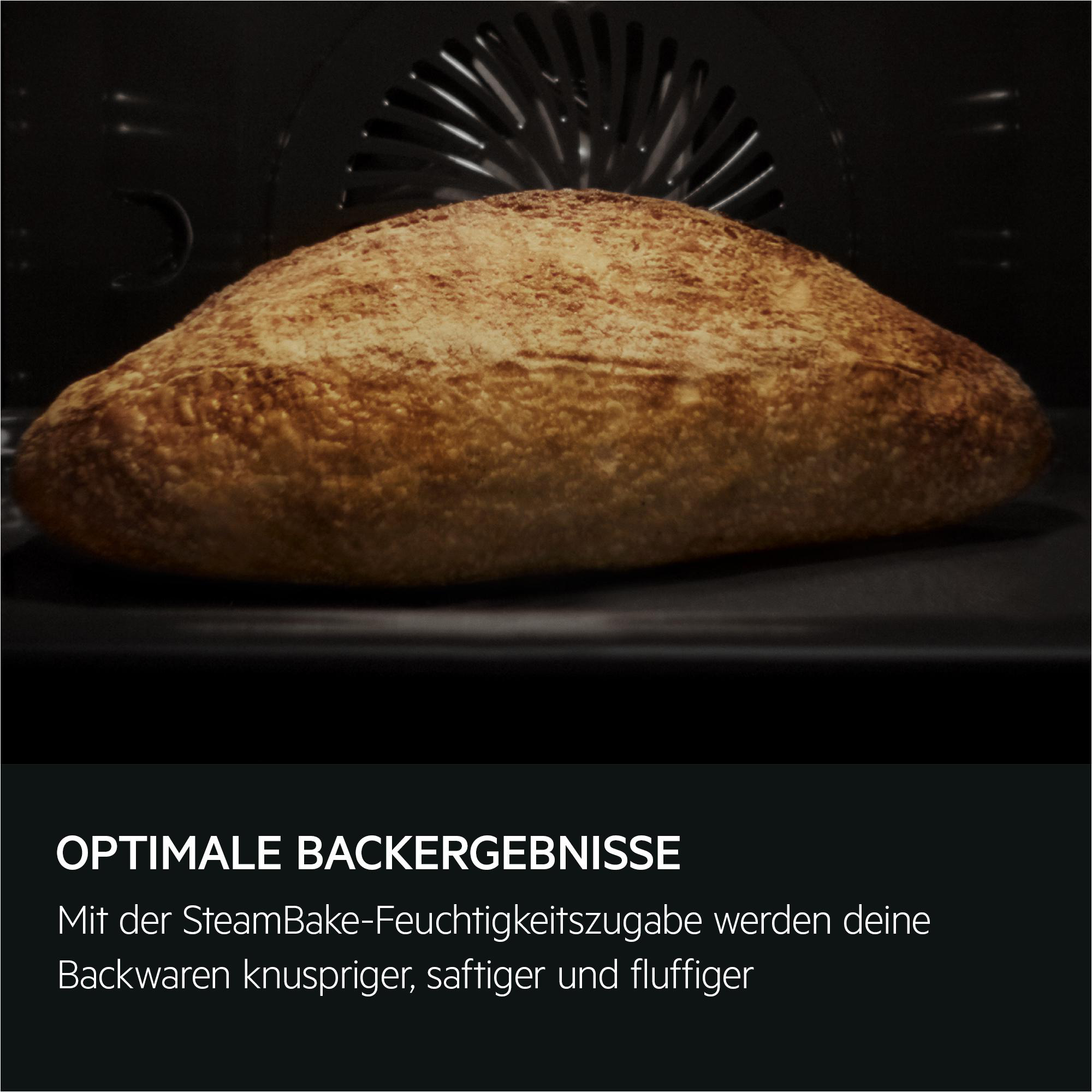Ein Brotlaib im Ofen, mit Text über Backergebnisse.