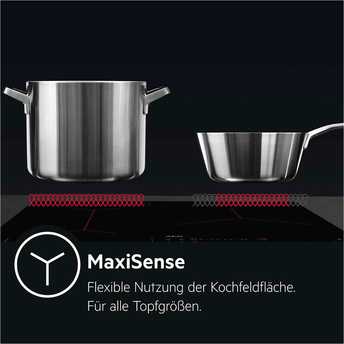 Ein schwarzes Kochfeld mit zwei Stahltöpfen und einer Abbildung roter Heizelemente.