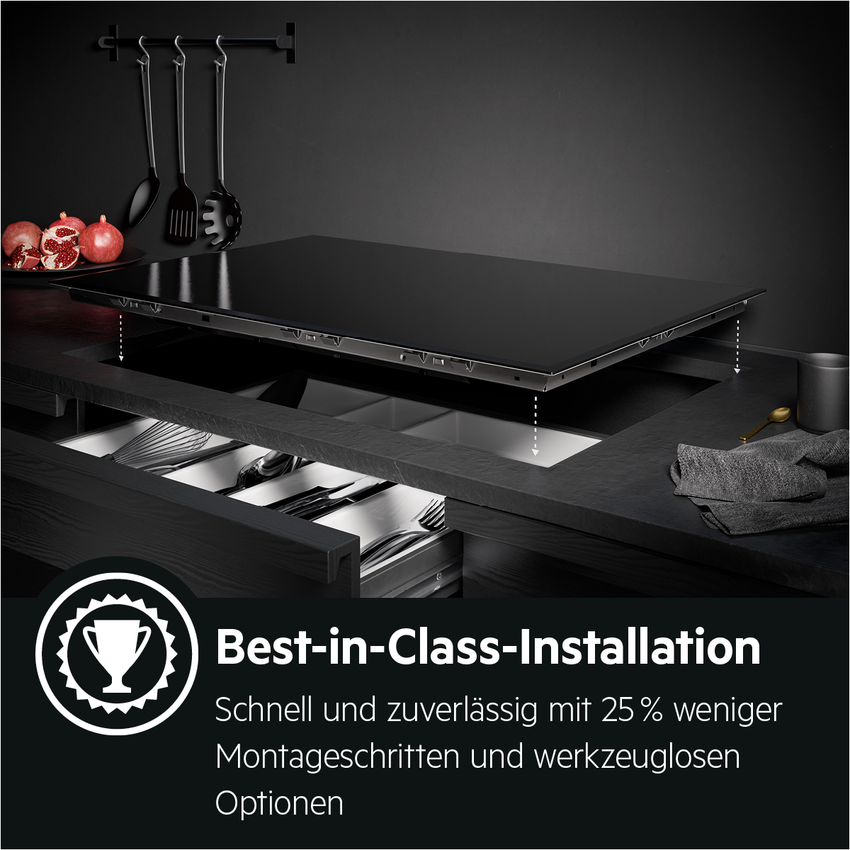 Grafik zur Best-in-Class-Installation. Ein schwarzes Kochfeld ist installiert.