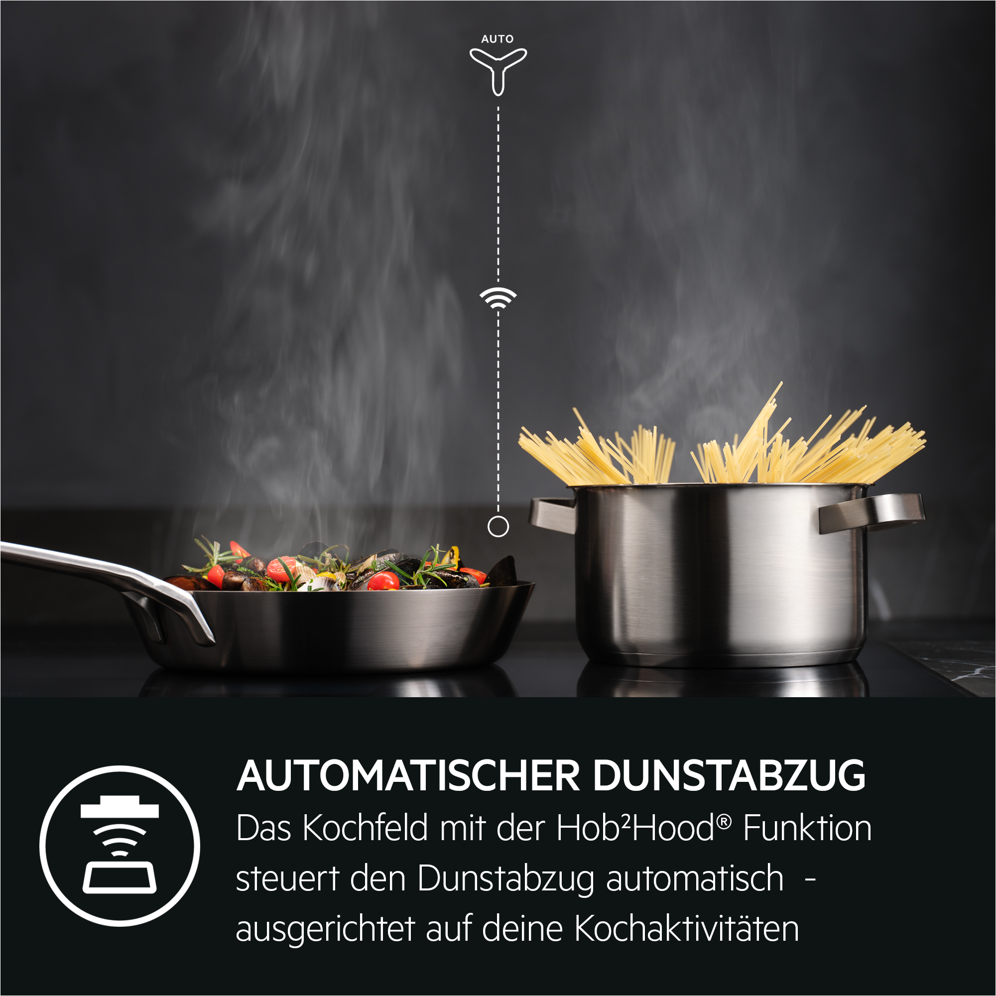 Kochszene: Topf und Pfanne auf einem Kochfeld mit Text zur Funktion.