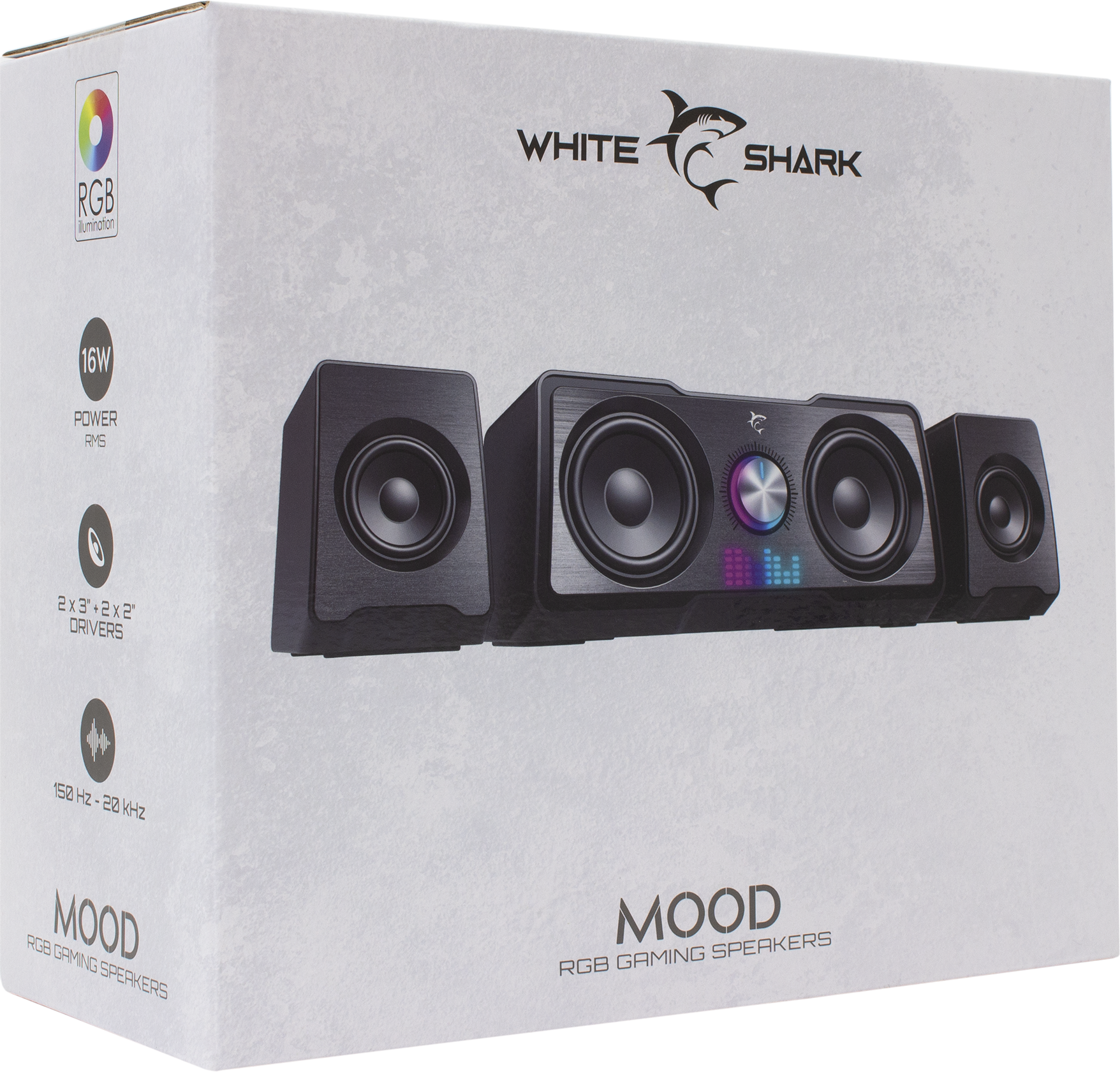 White Shark Mood RGB gaming hangszórók, fekete hangszórók hangerőszabályzóval.
