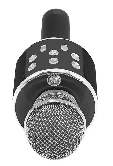 Czarny mikrofon ręczny z przyciskami. Ma srebrną siatkową głowicę i czarny korpus.