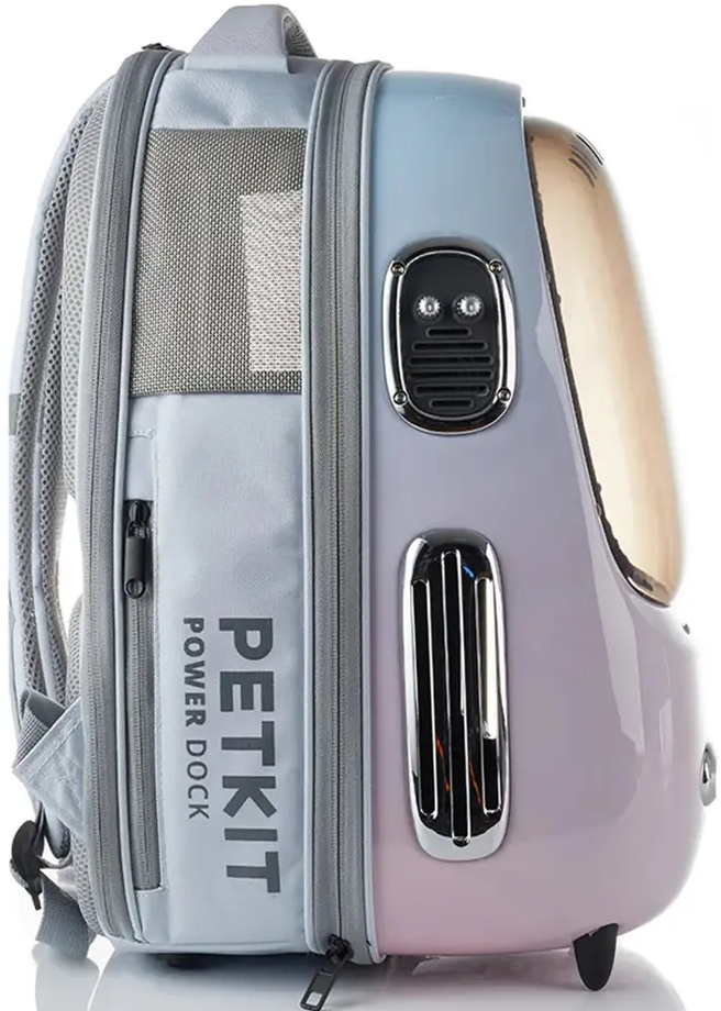 Ein Rucksack für Haustiere, blau und rosa. Der Text auf der Seite lautet 'PETKIT POWER DOCK'.