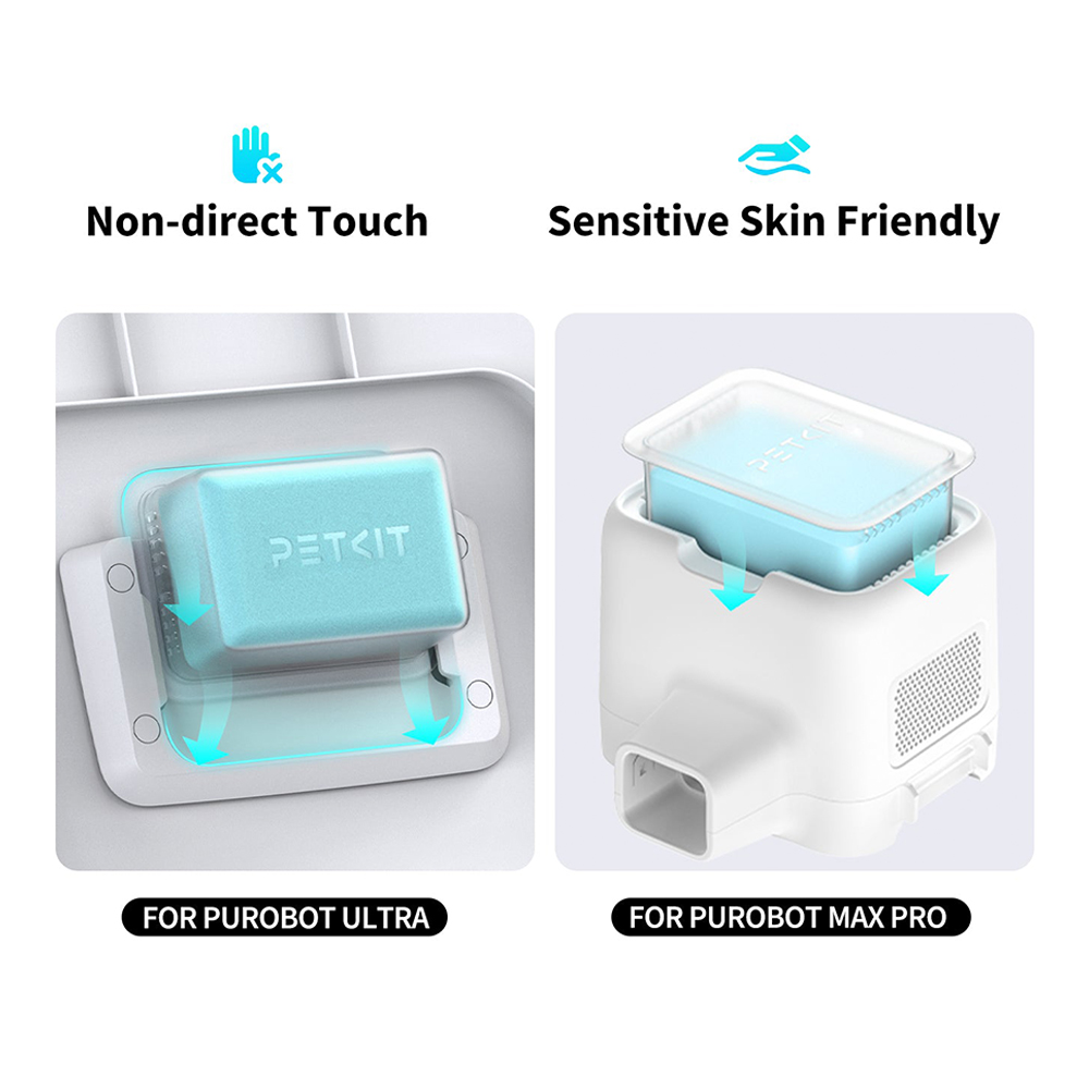 Zwei weiße und blaue PETKIT-Geräte, eines für Ultra und eines für Max Pro. Beide sind blau.