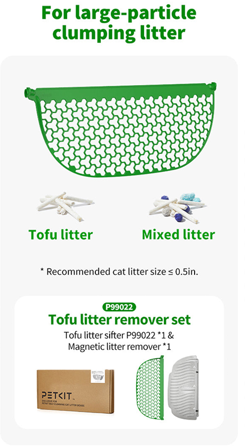 Diagramm, das einen grünen Katzenstreu-Sieb und zwei Beispiele für Streu zeigt: Tofu und gemischt.