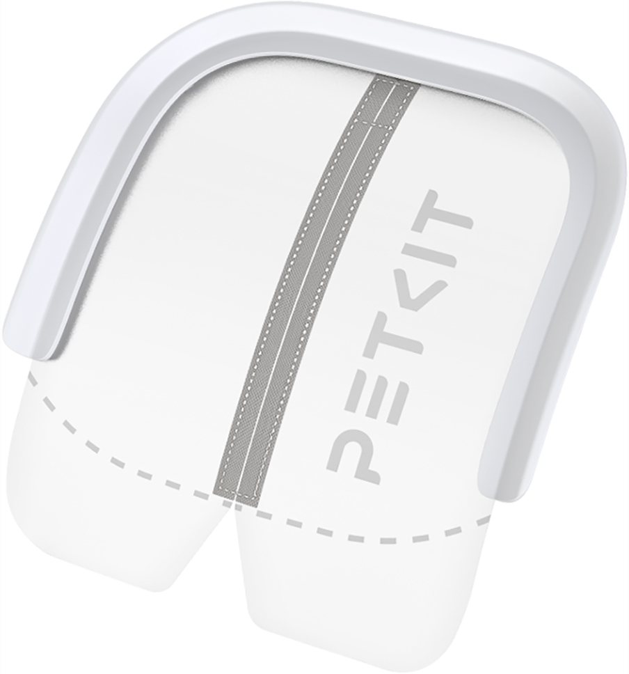 Un coperchio PETKIT bianco con una striscia grigia al centro e il logo sul lato.