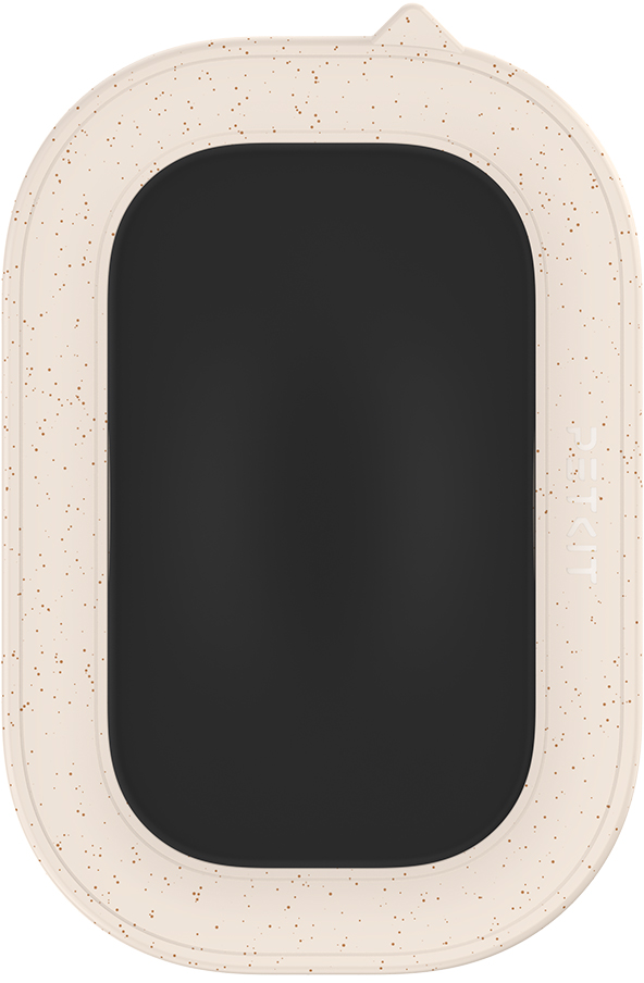 Dispositivo ovale color crema e marrone. La parte superiore ha una piccola linguetta. L'interno è nero.