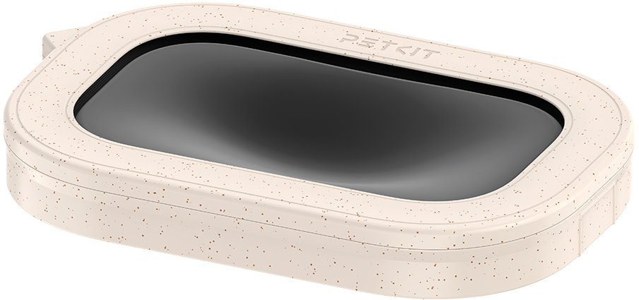 Un contenitore PETKIT beige con interno nero e il logo PETKIT sul davanti.