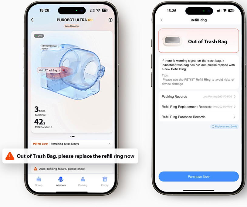 Schermi di telefono che mostrano un'app per robot aspirapolvere. Avvisi mostrati.