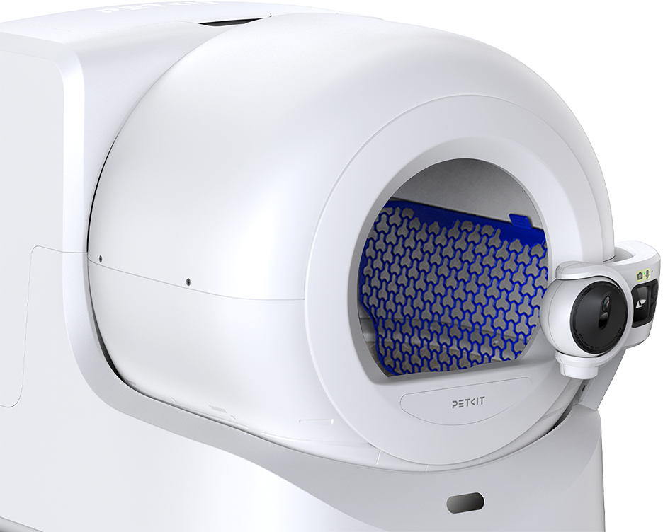 Lettiera bianca per gatti con griglia blu. Sfondo bianco, forma rotonda.