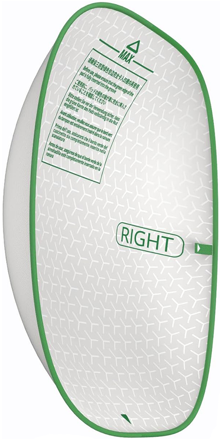 Un auricolare bianco e verde con testo e istruzioni. Viene indicato il lato destro.