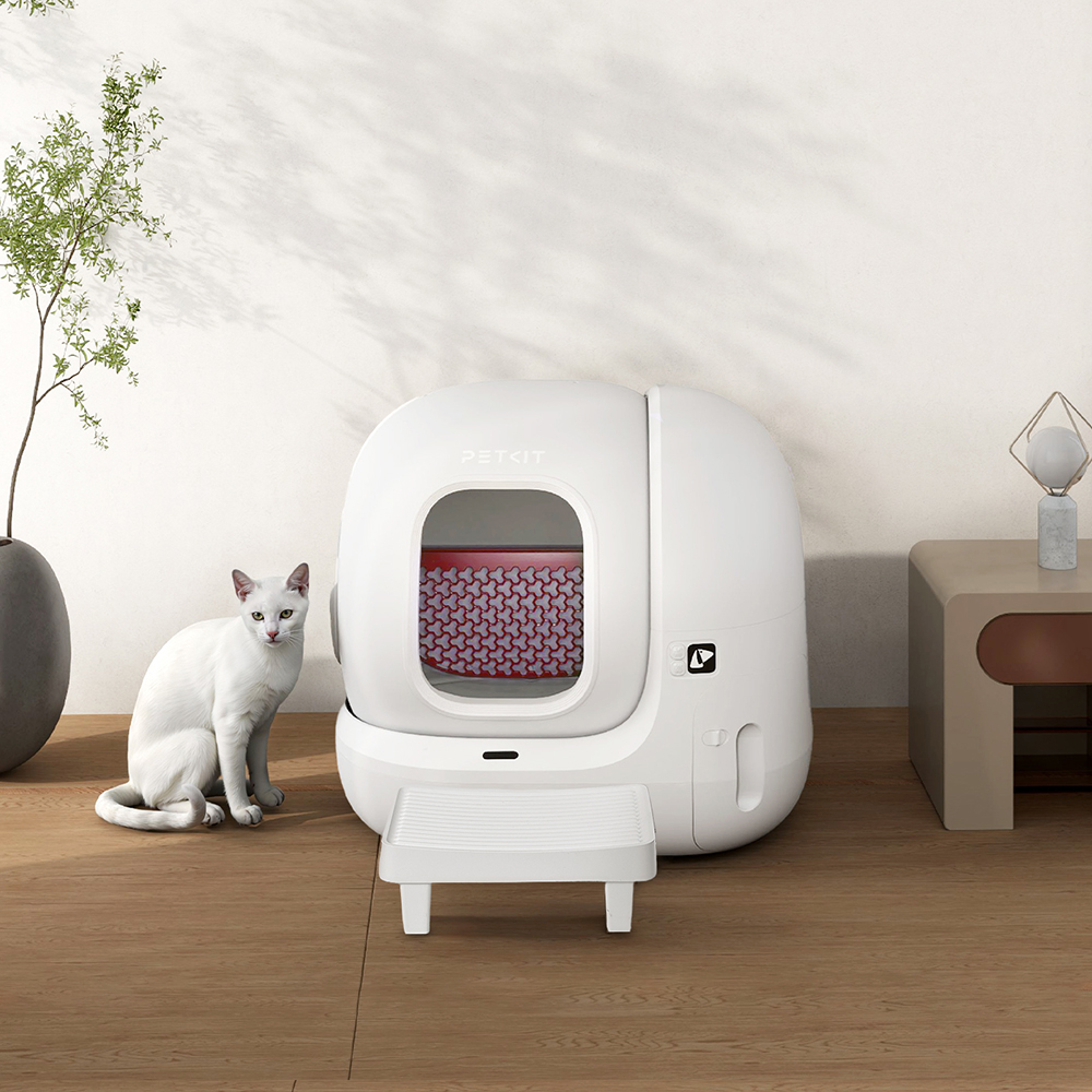 Un gatto bianco vicino a una lettiera bianca e automatica.