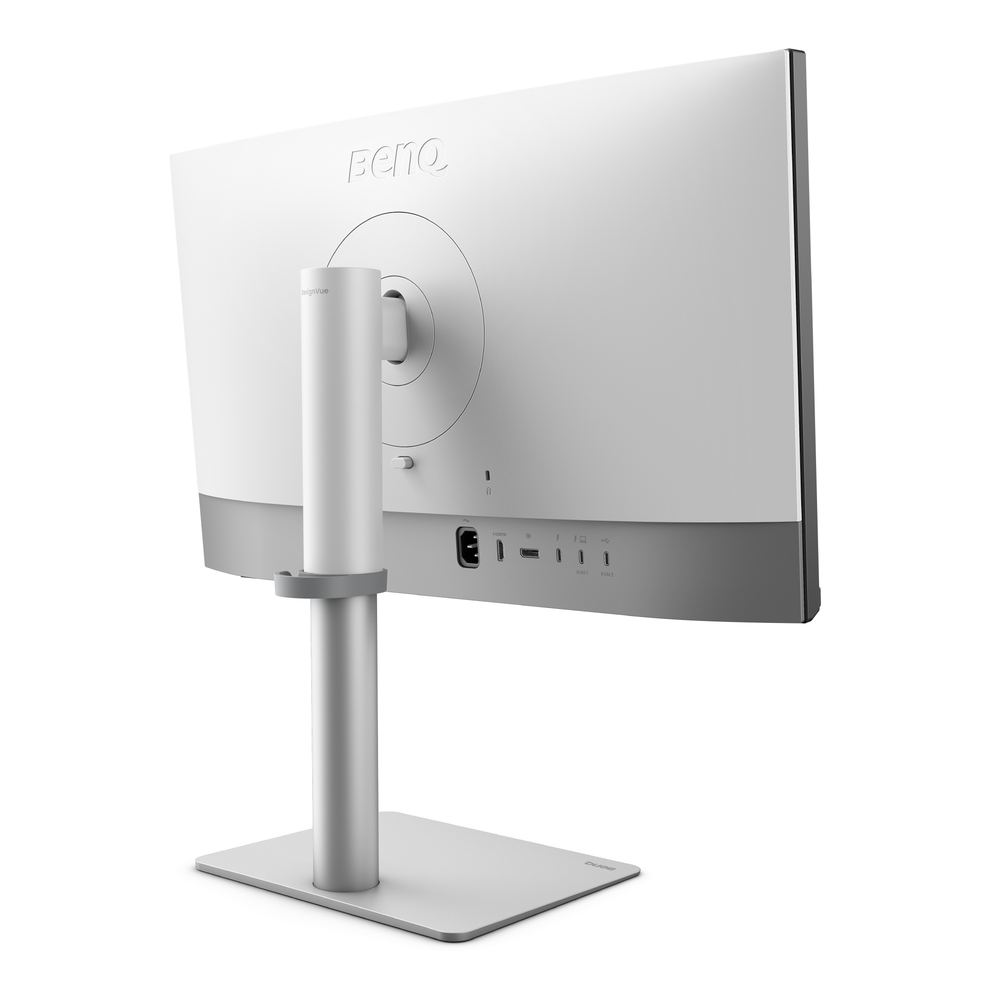 Die Rückseite eines weißen Computermonitors mit silbernem Fuß und Ständer.