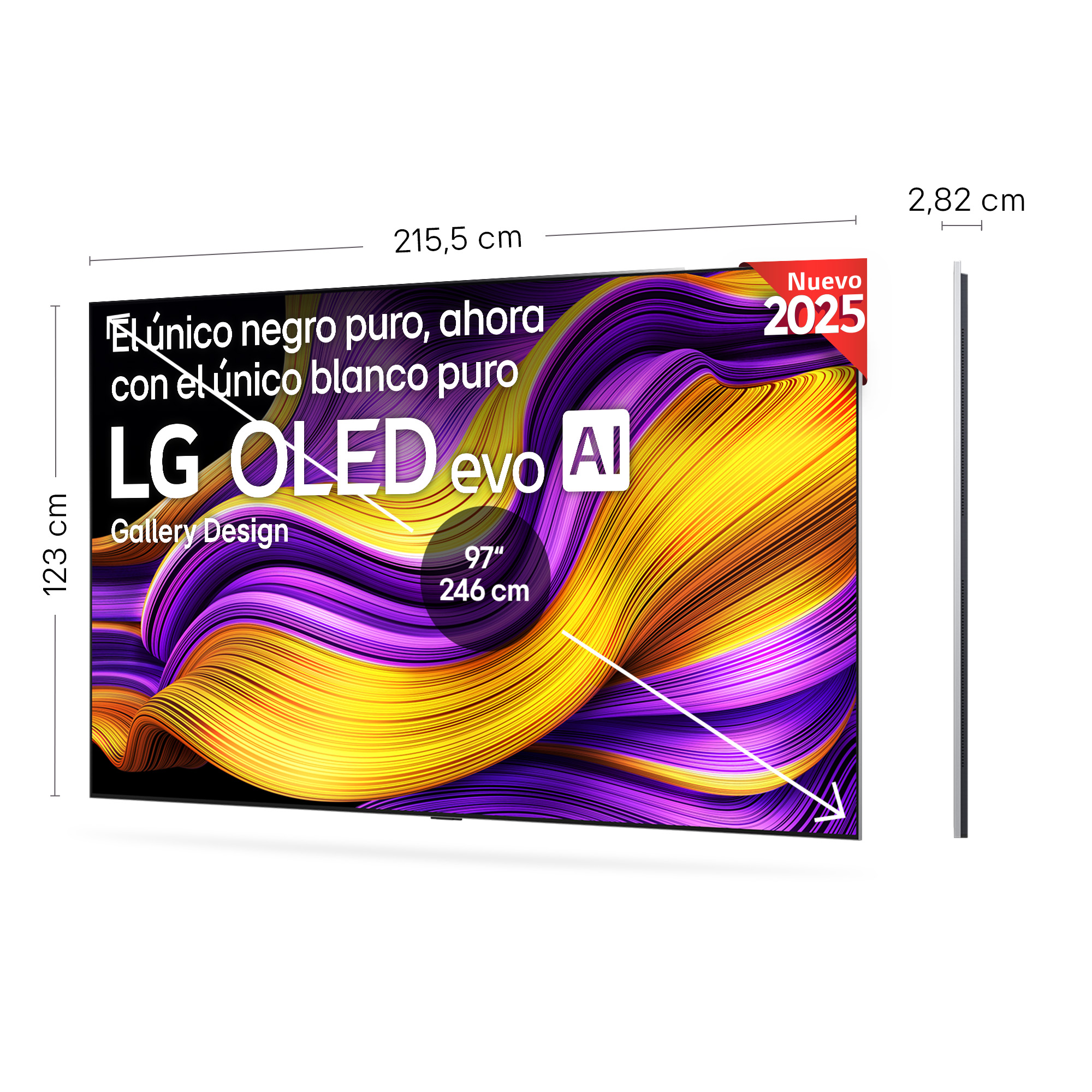 Gran TV LG OLED evo con dimensiones y texto en español.
