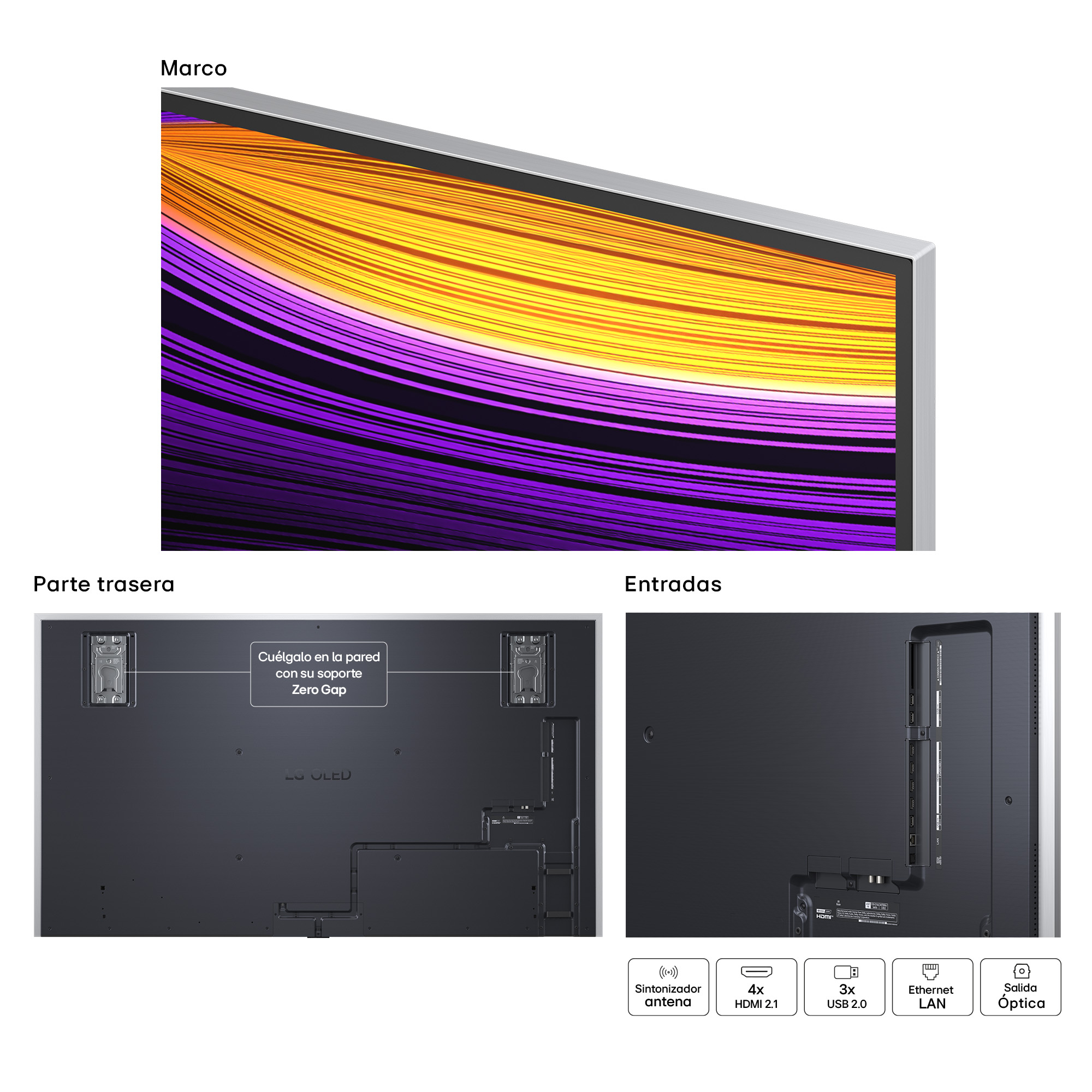 Pantalla blanca con texto 'PREMIUM OLED G5' y logo de garantía de 5 años.