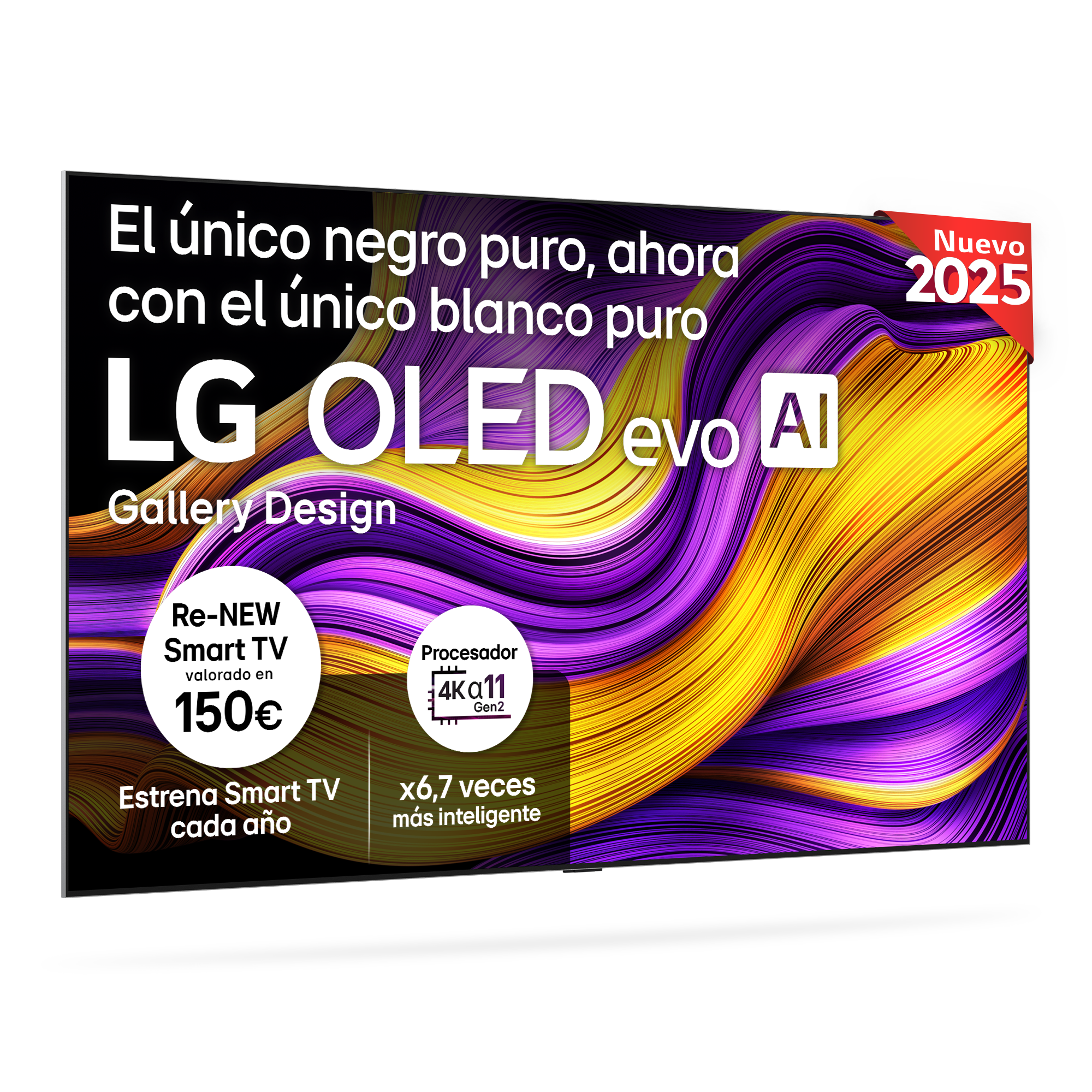 Anuncio de TV LG OLED evo AI con arte abstracto colorido.