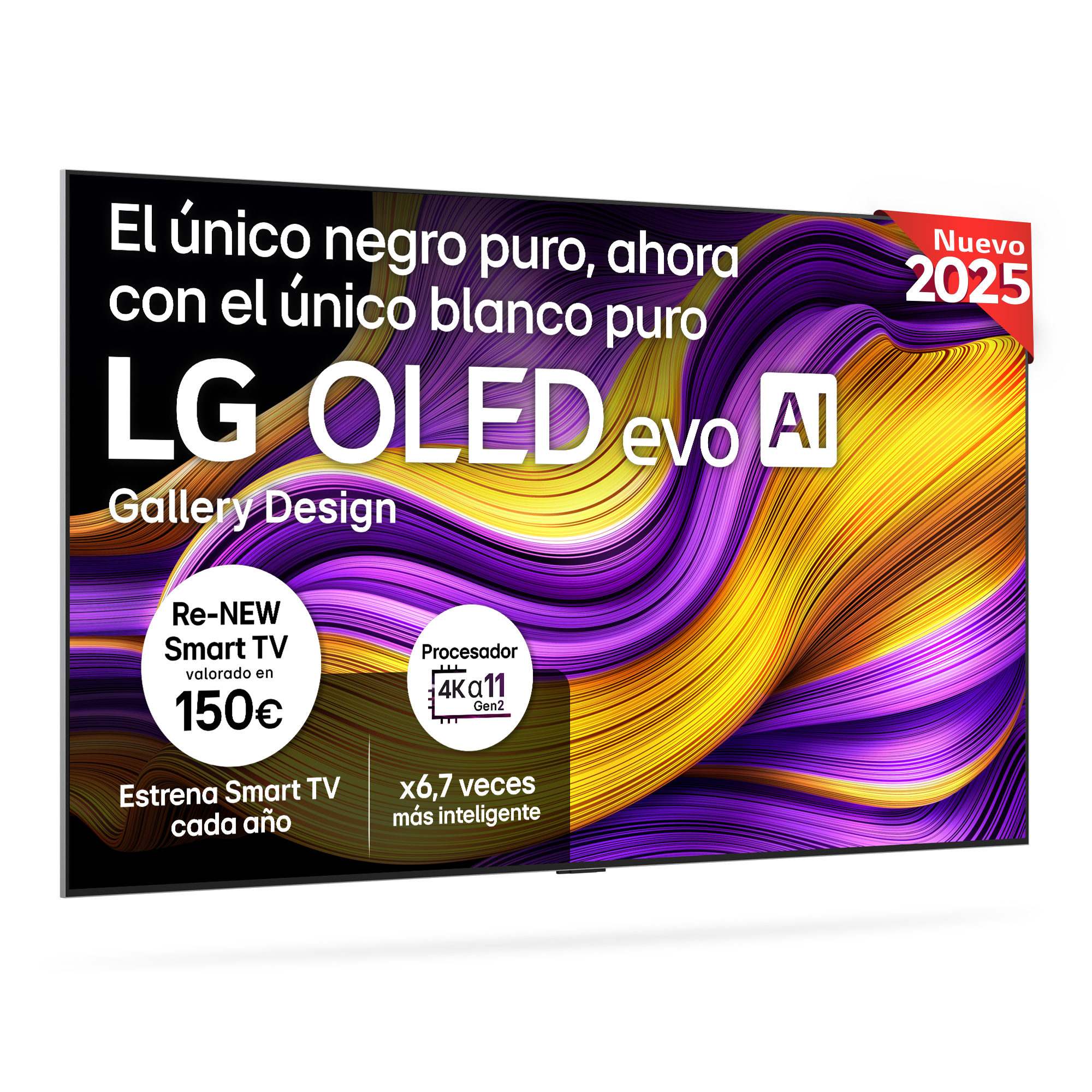 Un televisor LG OLED evo con una imagen abstracta colorida y texto sobre sus características.