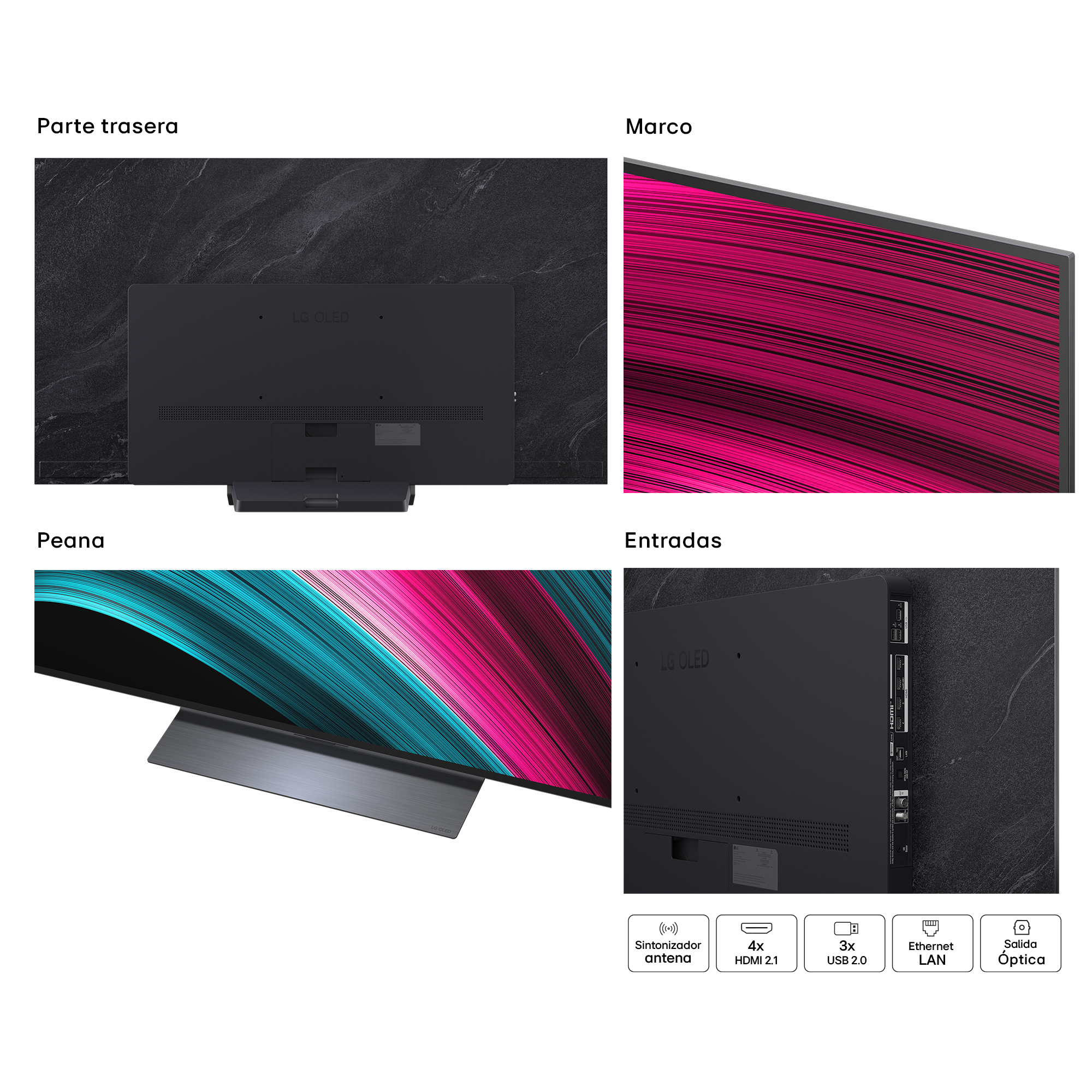 Varias vistas de un televisor LG OLED. Incluye parte trasera, marco, soporte y puertos de entrada.