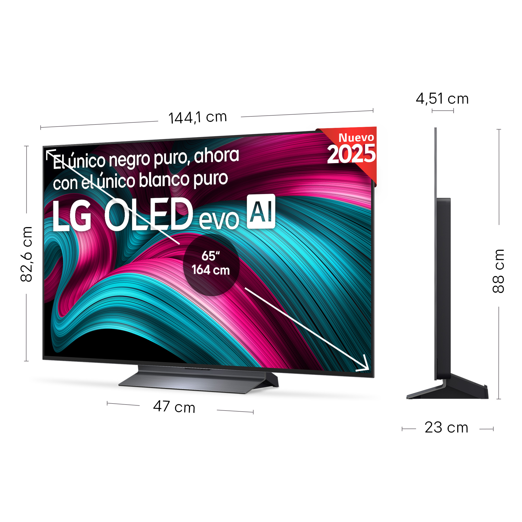TV LG OLED evo AI con dimensiones y texto, sobre un fondo blanco.