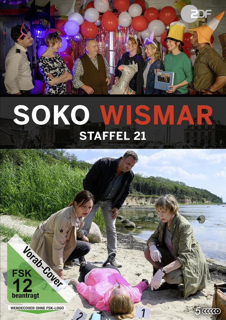 Ein Filmplakat für SOKO Wismar. Oben ist eine Partyszene zu sehen. Unten ist ein Tatort am Strand zu sehen.