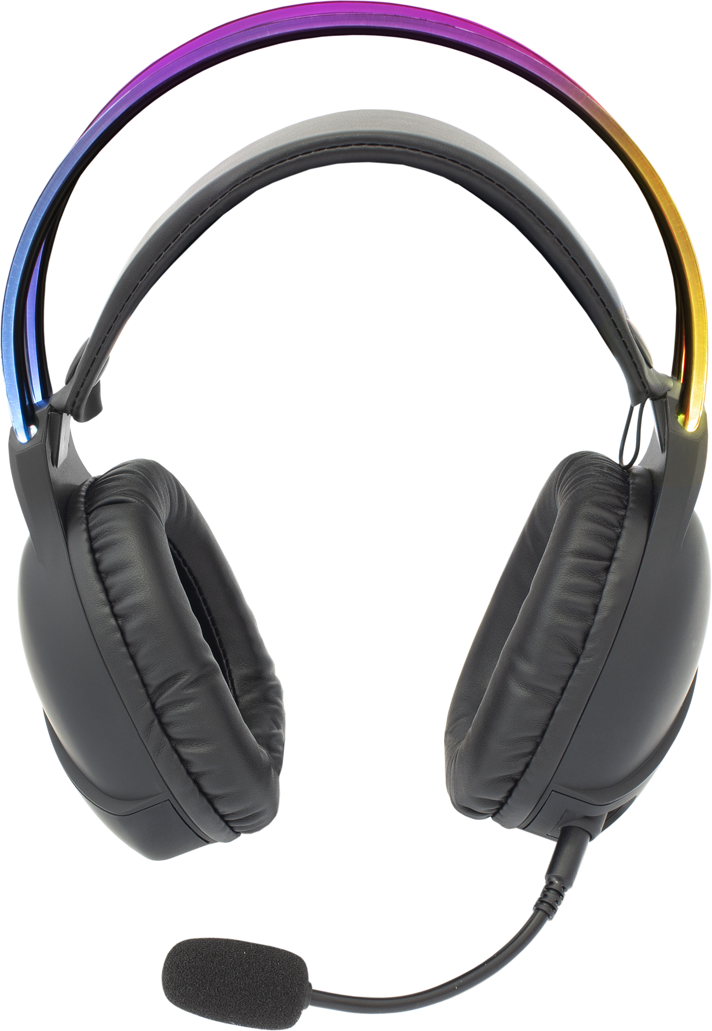 Fekete gamer headset mikrofonnal és színes LED-fényekkel.