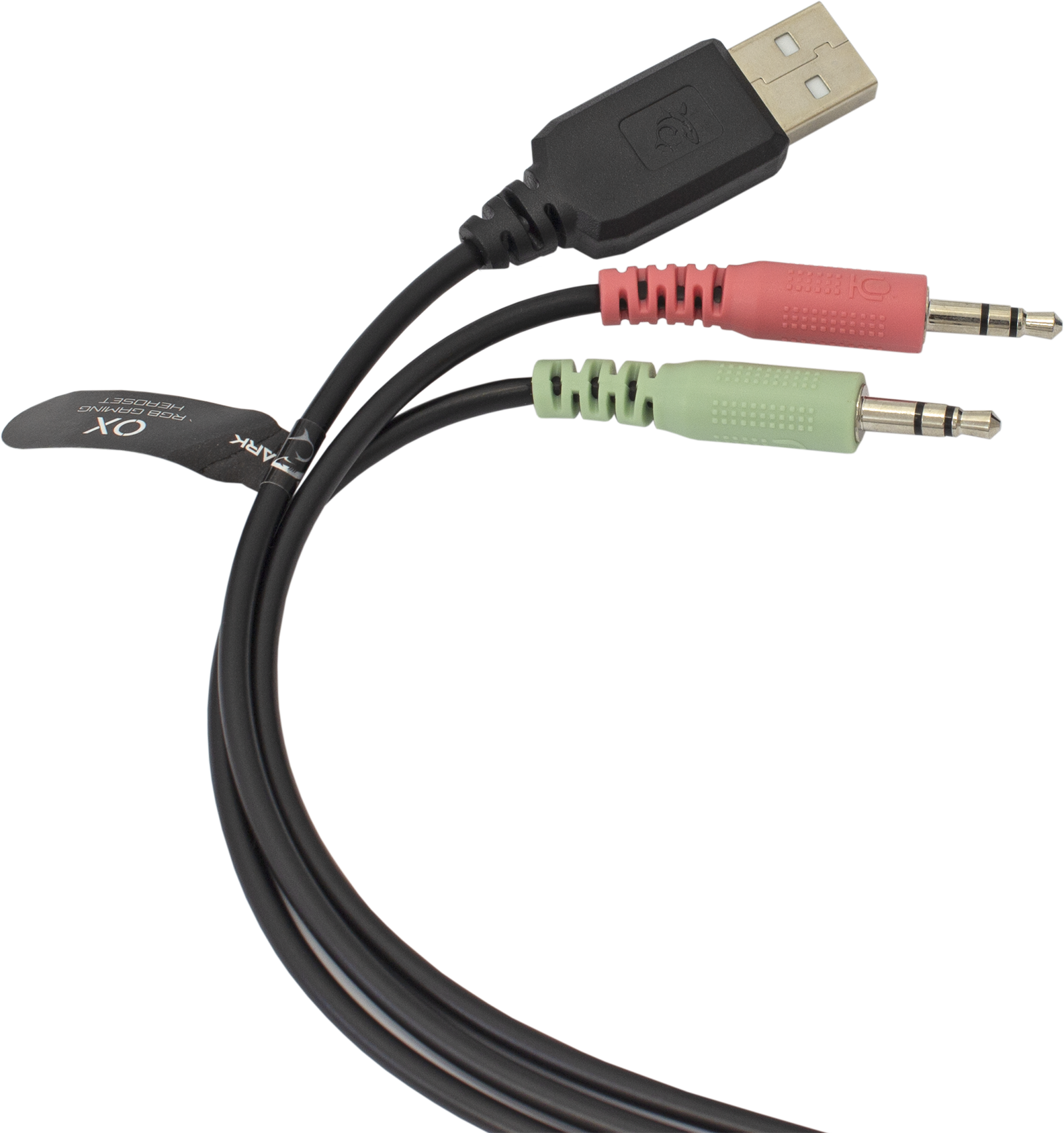 Egy fekete USB kábel piros és zöld audio csatlakozókkal és egy USB dugóval.