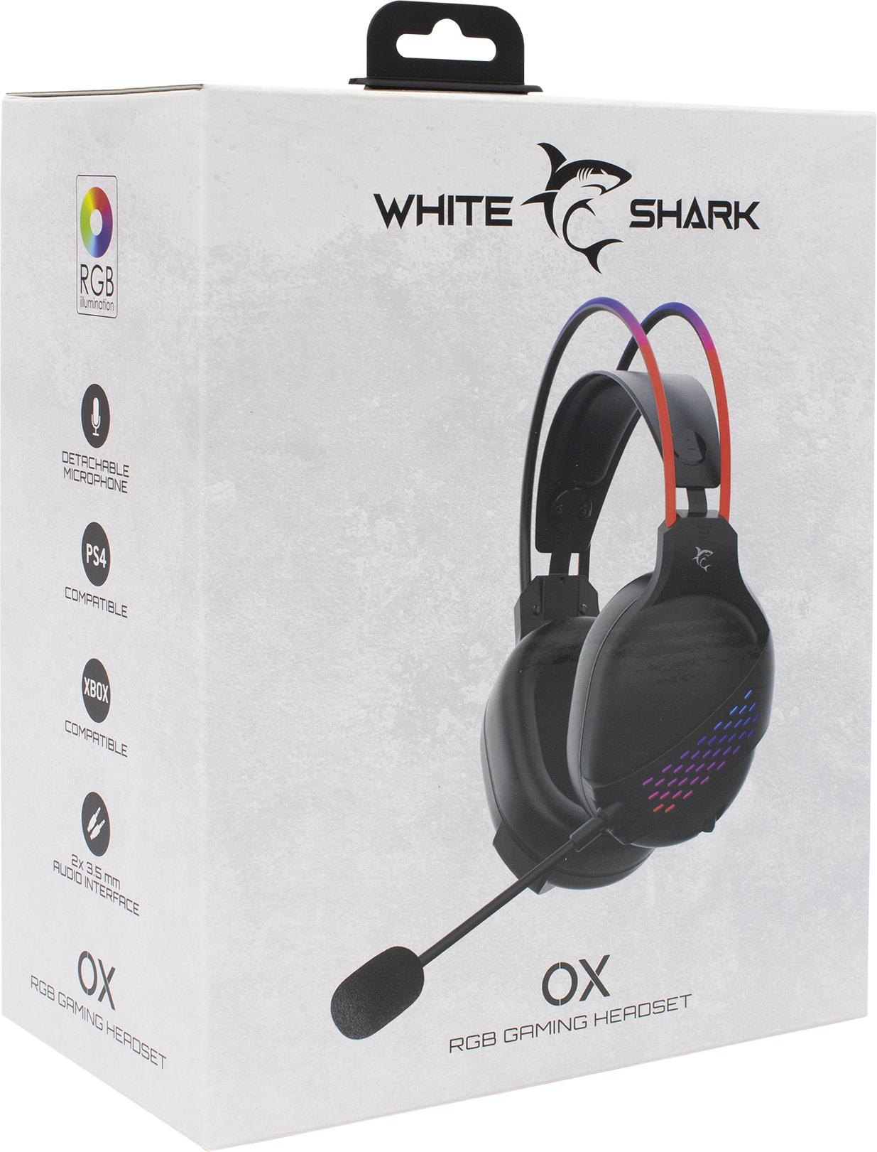 White Shark OX gaming headset doboz. A headset fekete, RGB fényekkel. Levehető mikrofont tartalmaz.
