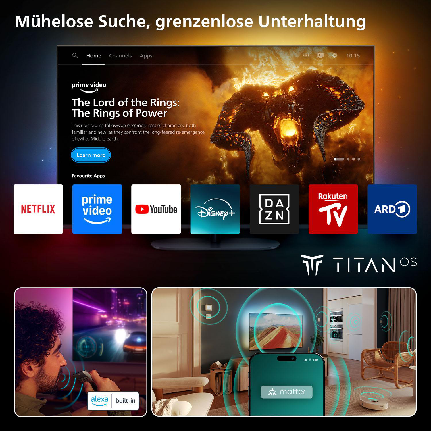 TV-Bildschirm mit Prime Video, Apps und einem Mann mit Fernbedienung. Alexa & integriert.