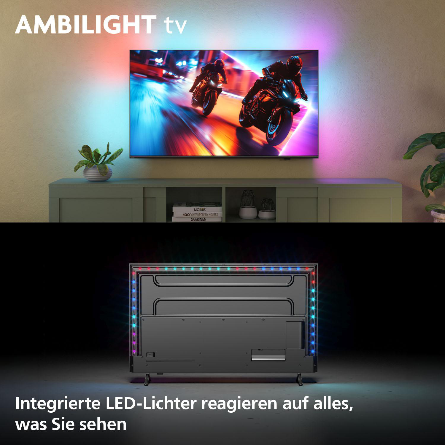 TV-Bildschirm, der Motorräder zeigt, umgeben von bunten Lichtern. Der Fernseher steht auf einem Schrank.