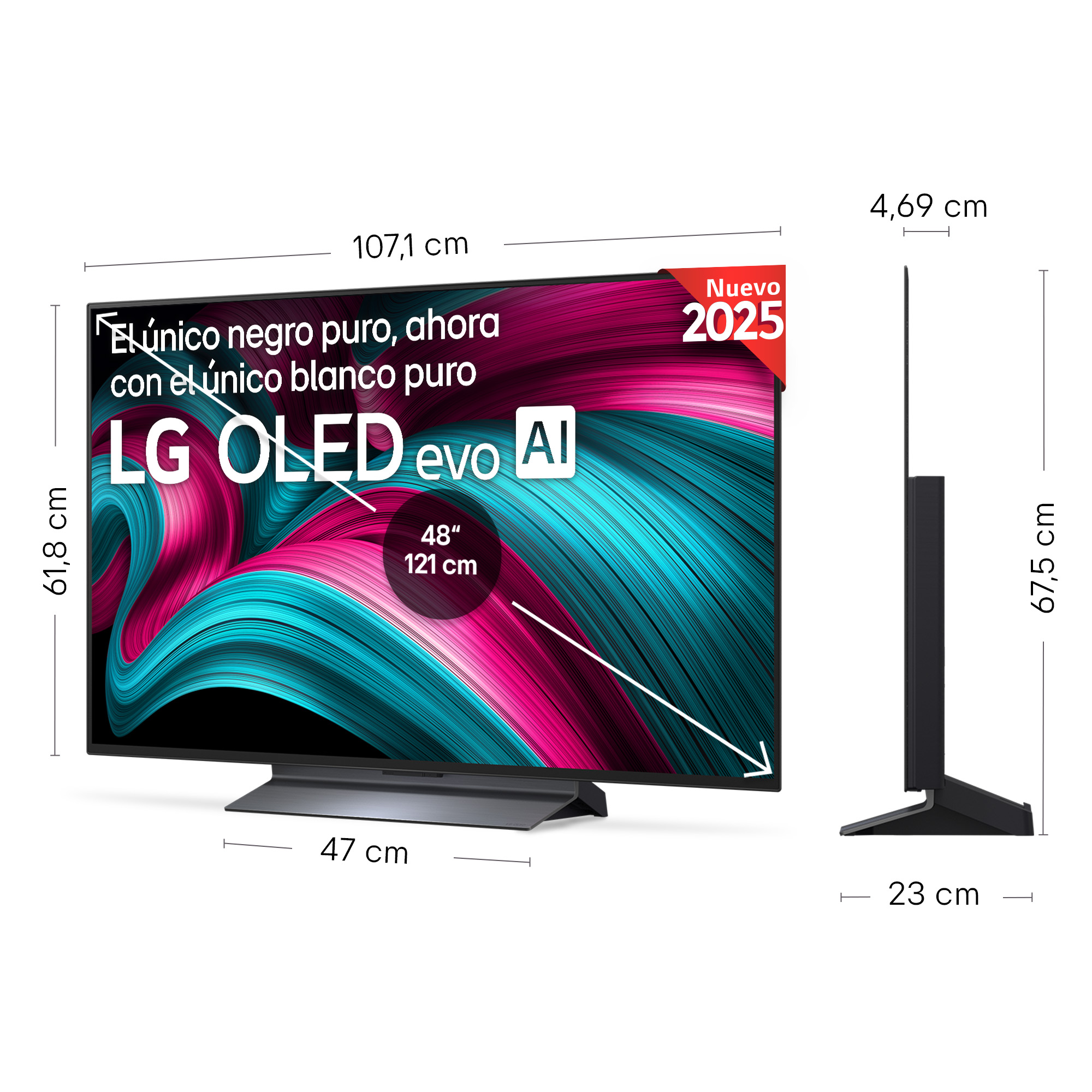 TV LG OLED con dimensiones. Texto: 'negro puro, blanco puro' con etiqueta '2025'.