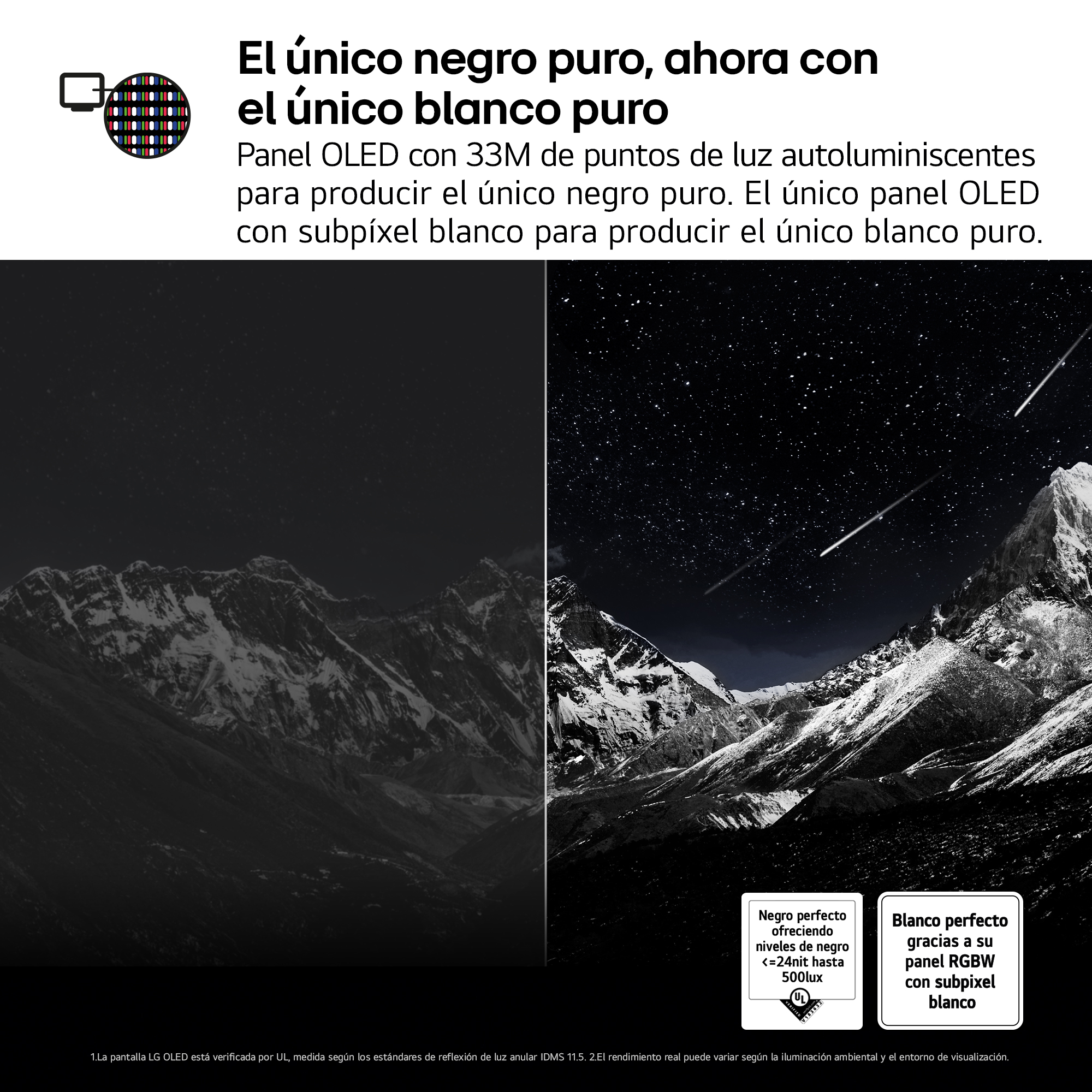 Dos imágenes lado a lado de montañas de noche. Una con negro perfecto, una con blanco perfecto.