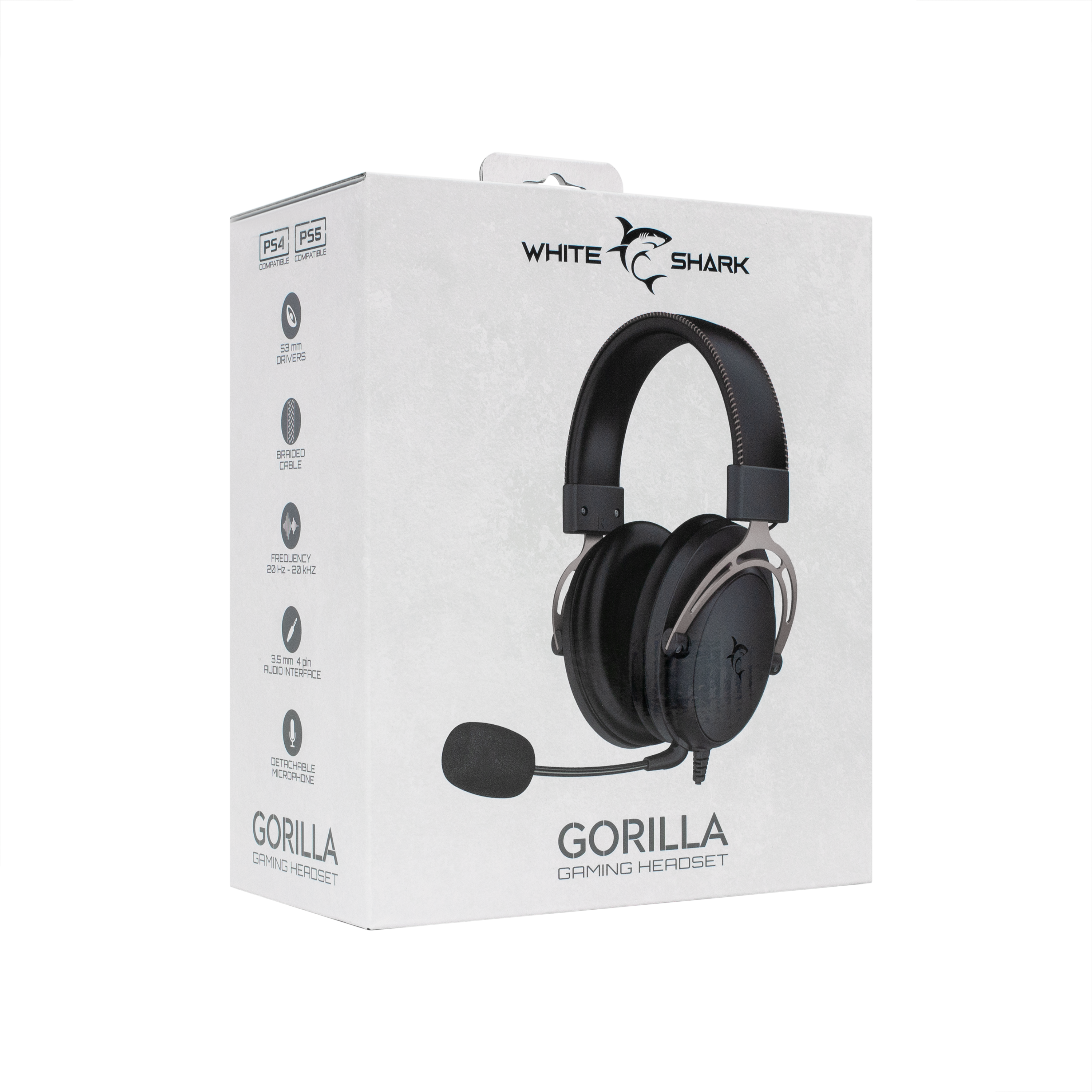Fekete-ezüst Gorilla gaming headset dobozban.
