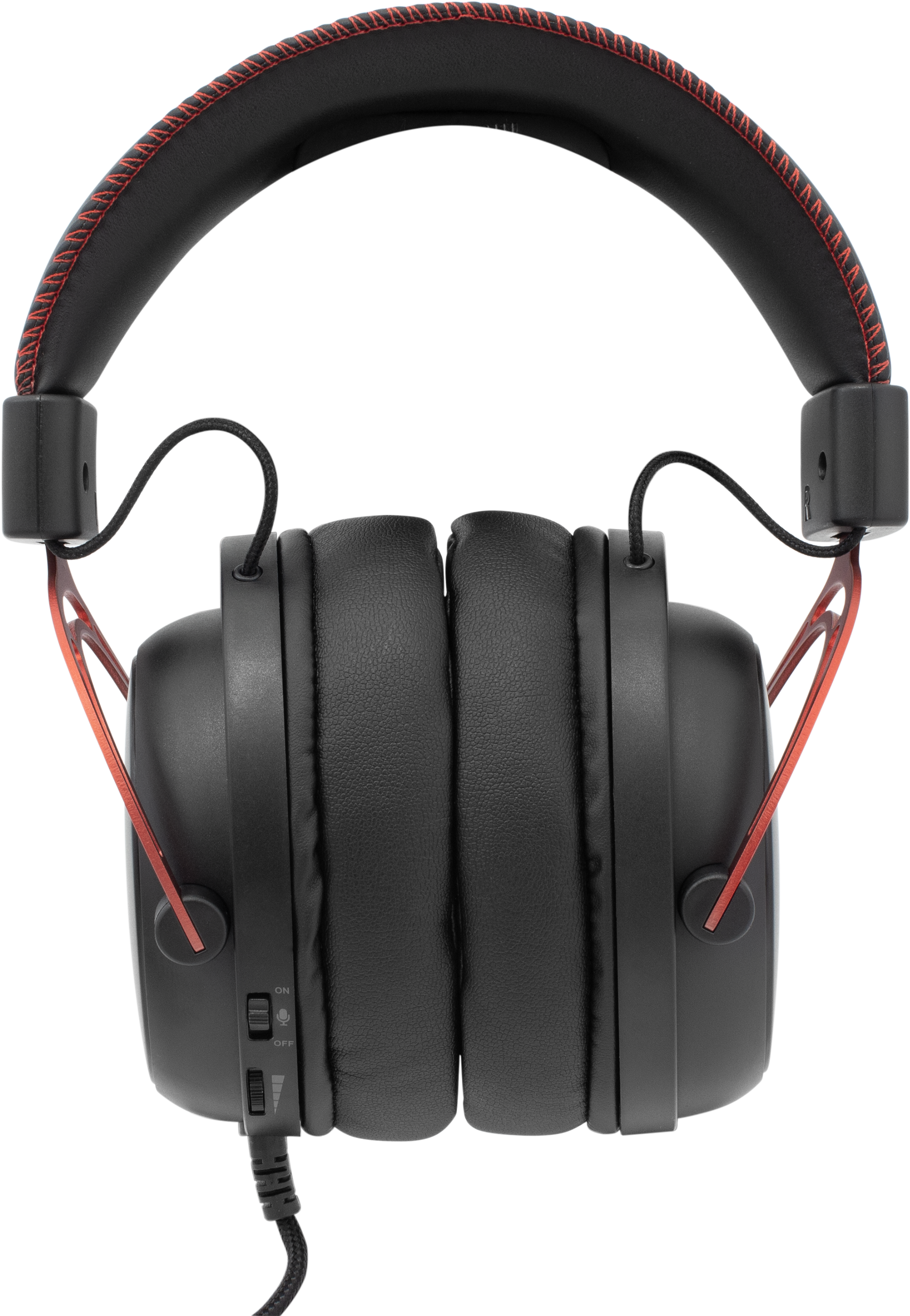 Fekete gaming headset, piros díszítéssel, felülnézet.
