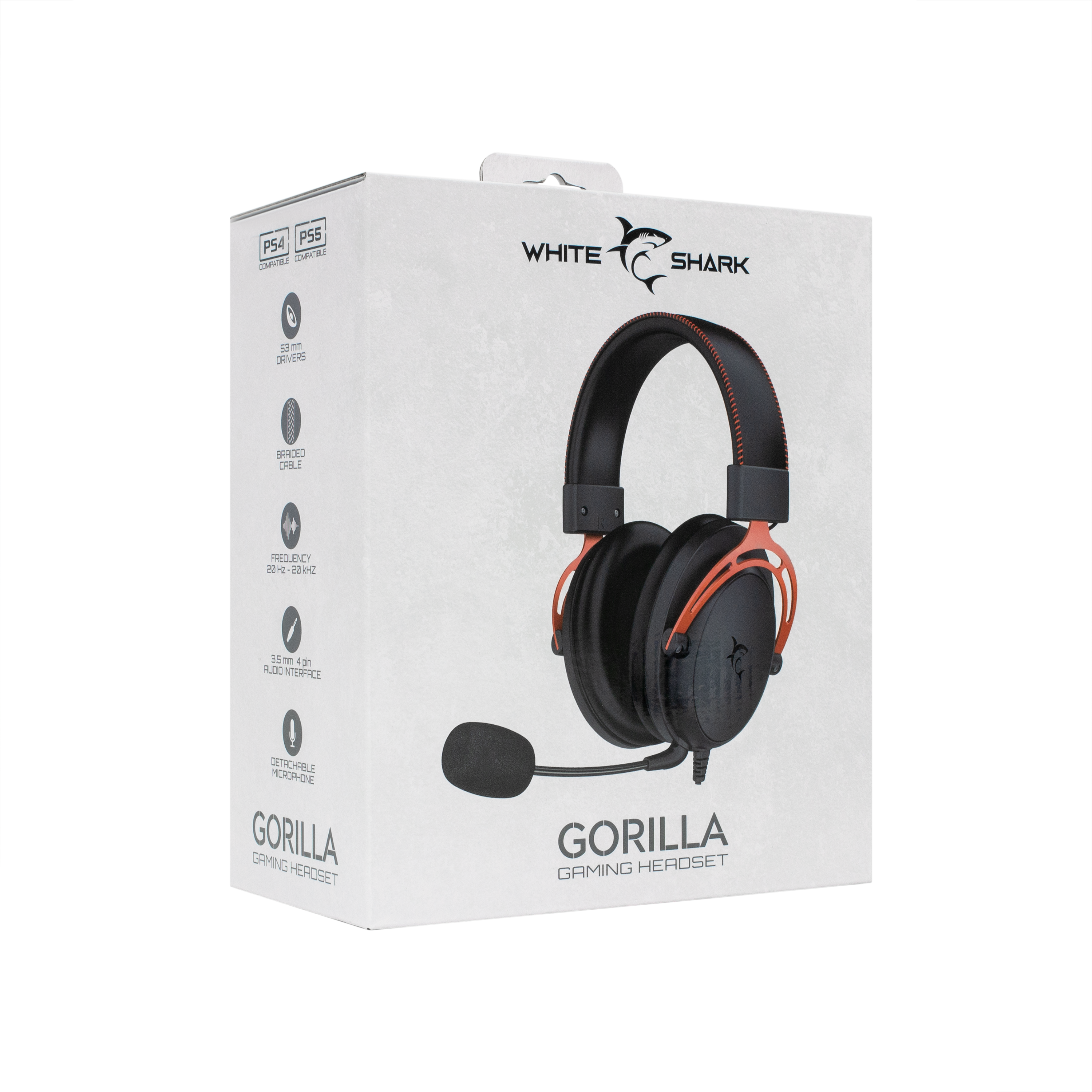 Egy headset egy fehér dobozban. Narancssárga elemekkel és mikrofonnal. A dobozon a szöveg: 'Gorrilla'.