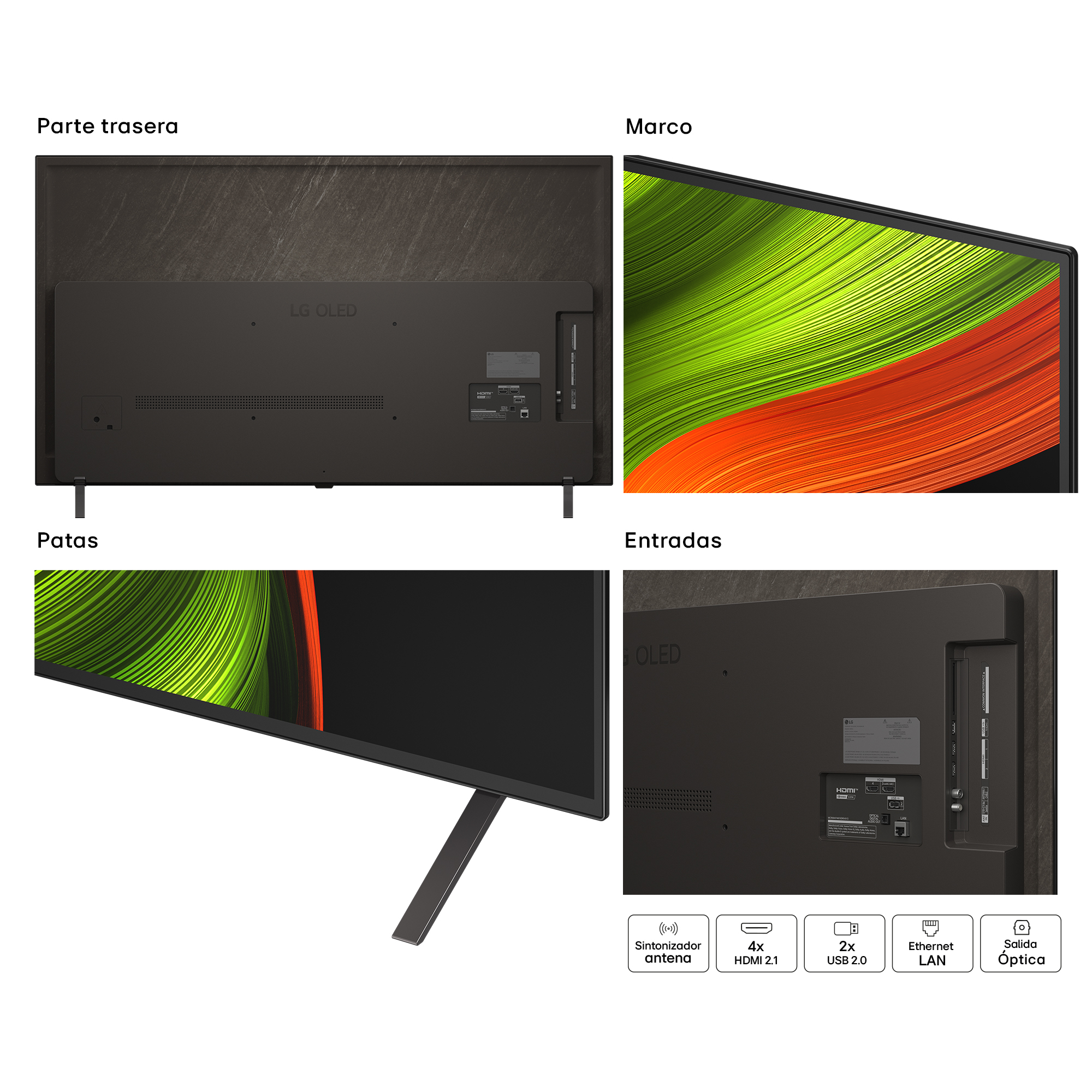Televisor, vistas trasera, frontal y lateral con detalles.