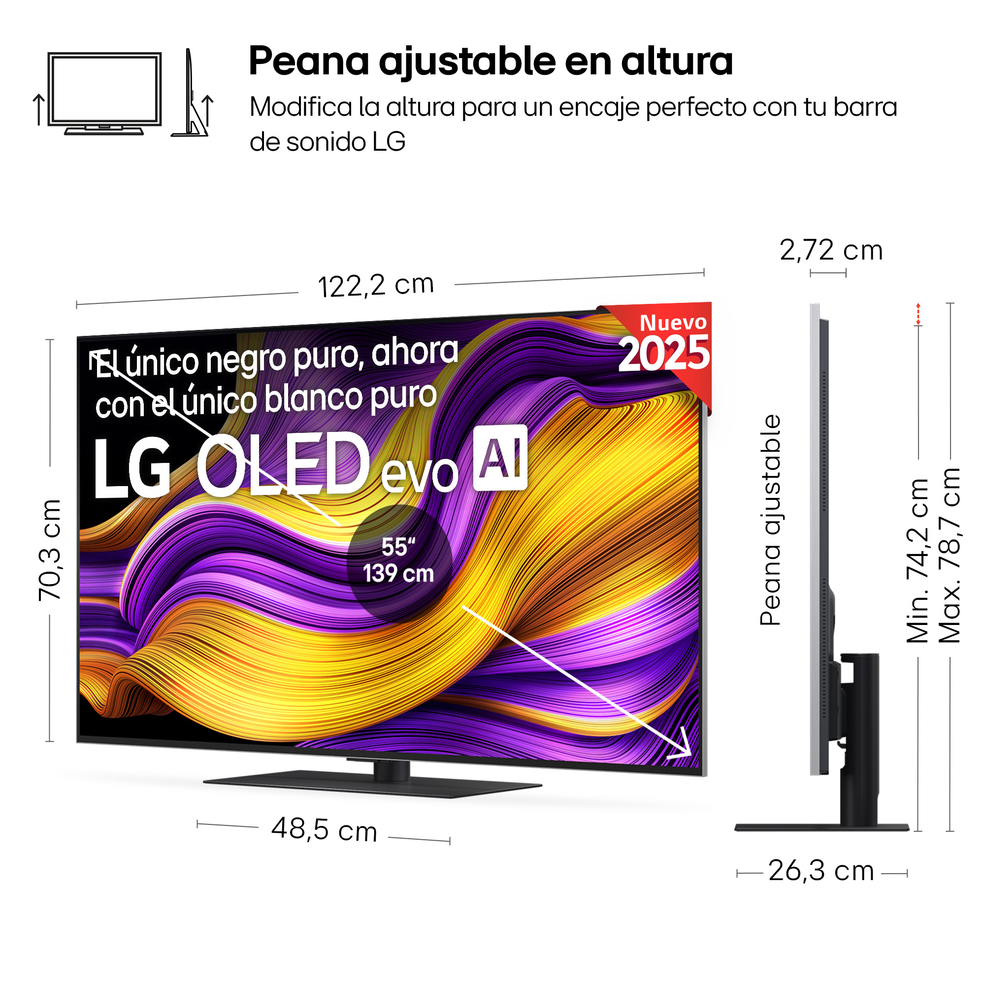Diagrama de un televisor LG OLED de 55 pulgadas con dimensiones y soporte ajustable.