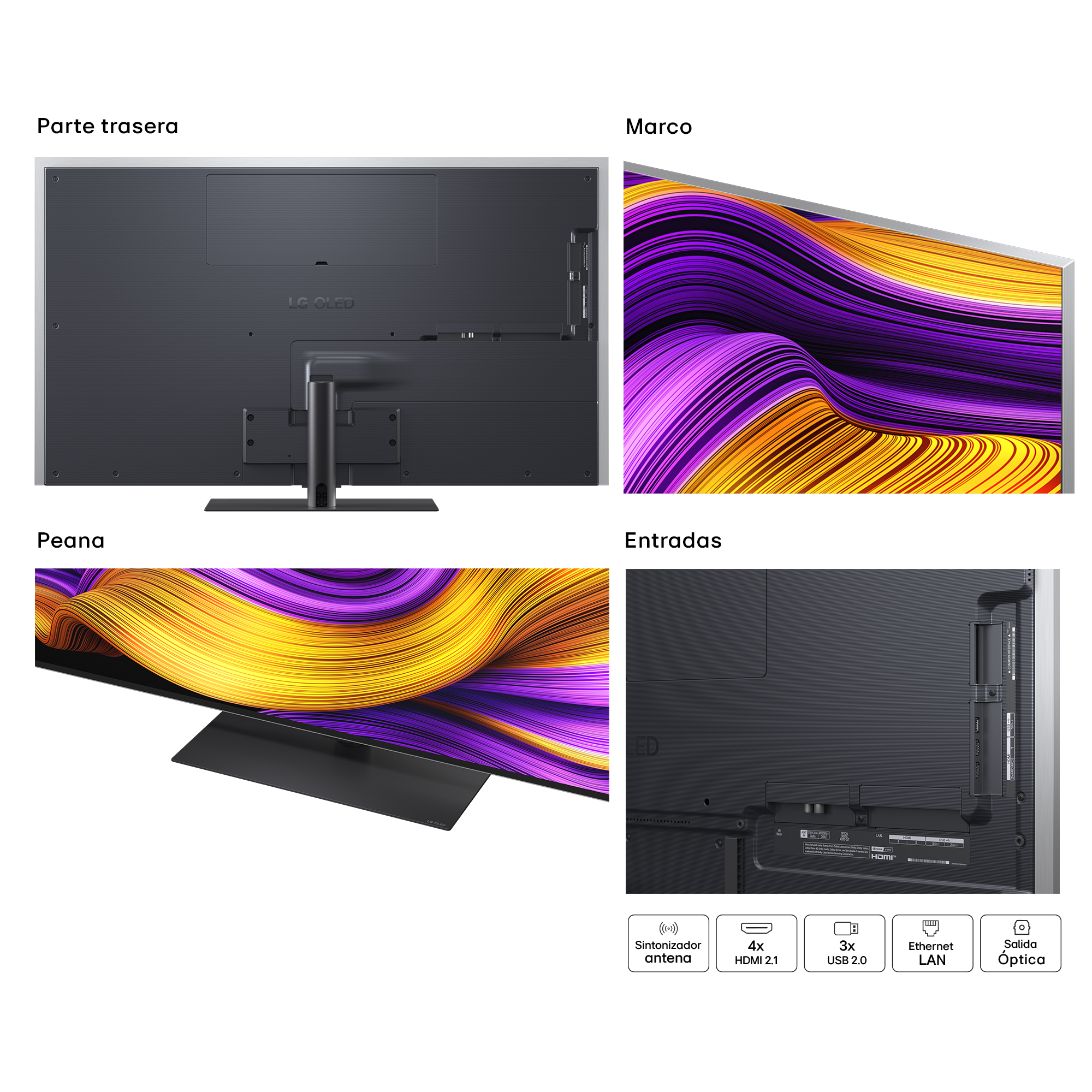 Varios primeros planos de un televisor que muestran el panel trasero, el marco, el soporte y las entradas.