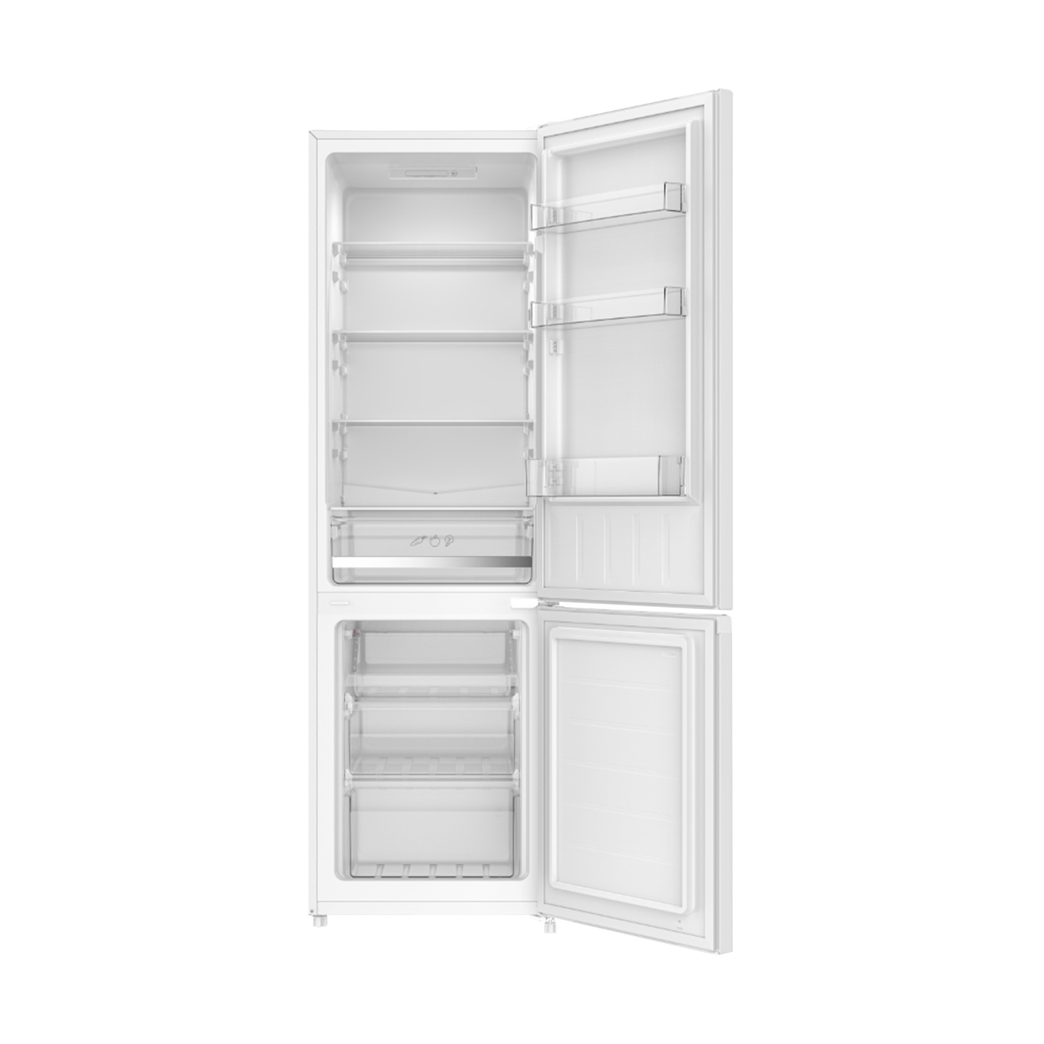 Un frigorifero bianco con le porte aperte, che mostra ripiani e scomparti. Sfondo bianco.
