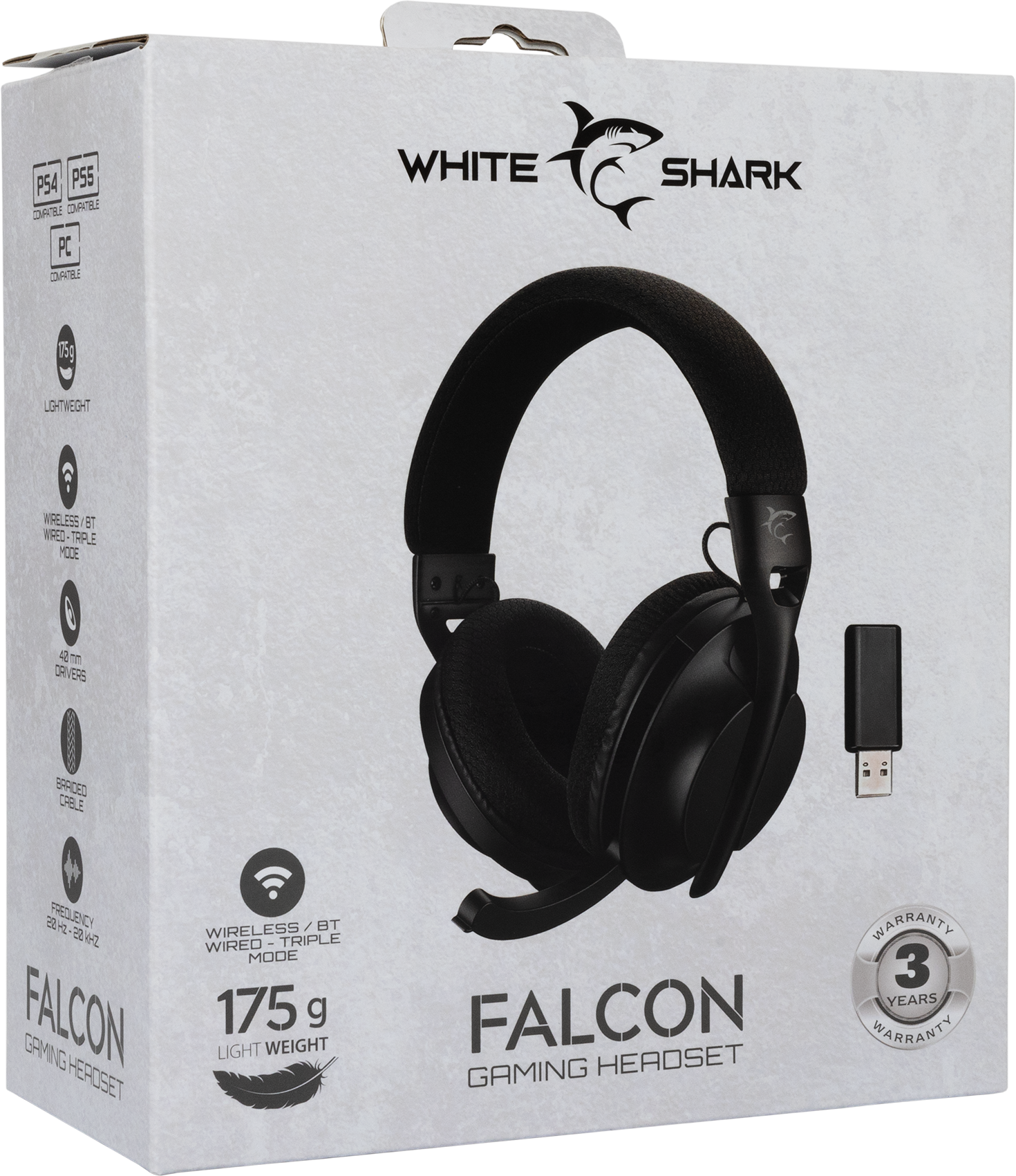 Fekete-fehér gamer headset doboz FALCON GAMING HEADSET felirattal.