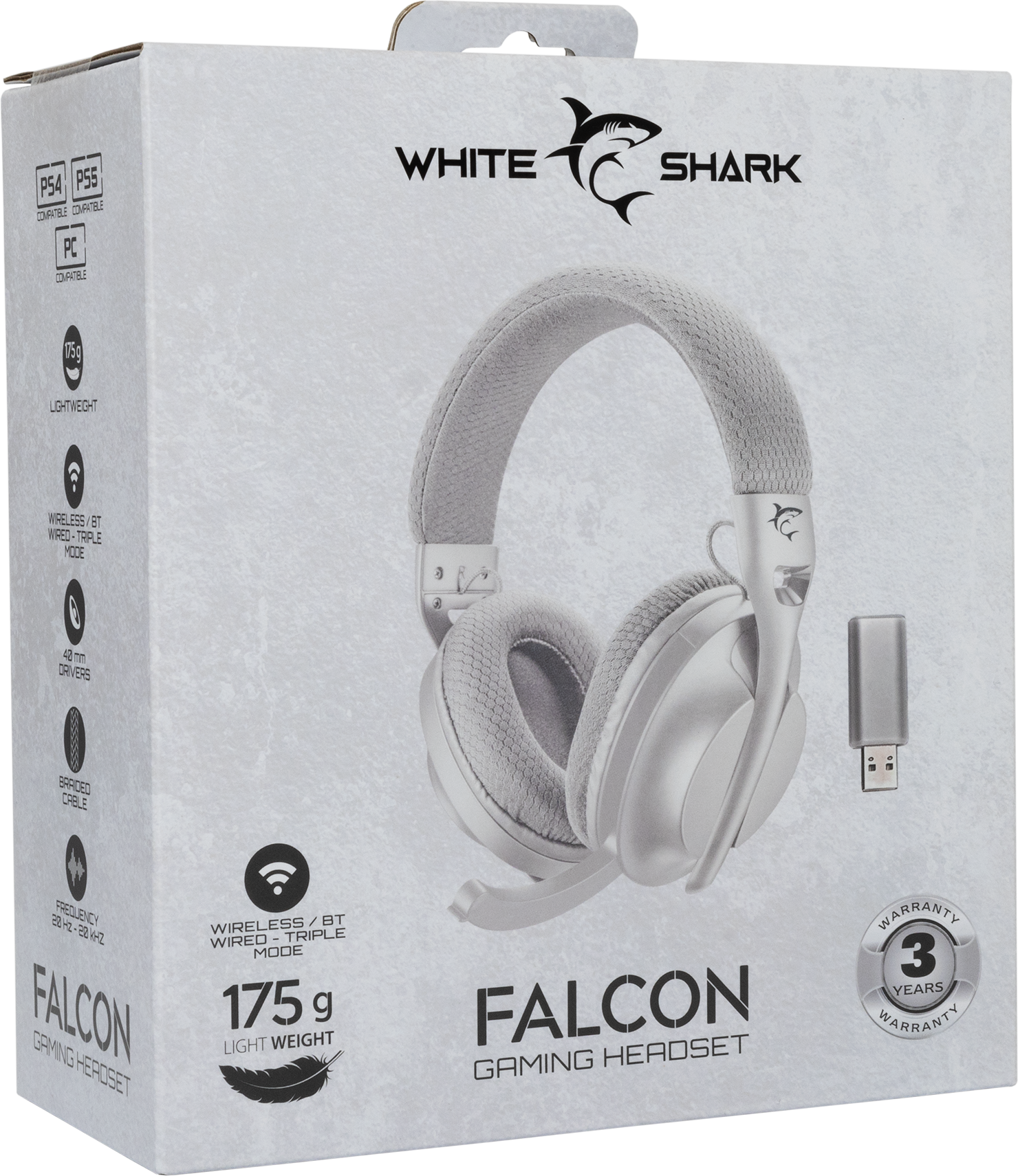 Gaming headset dobozban, szürke és fehér színekben, cápa logóval és szöveggel.