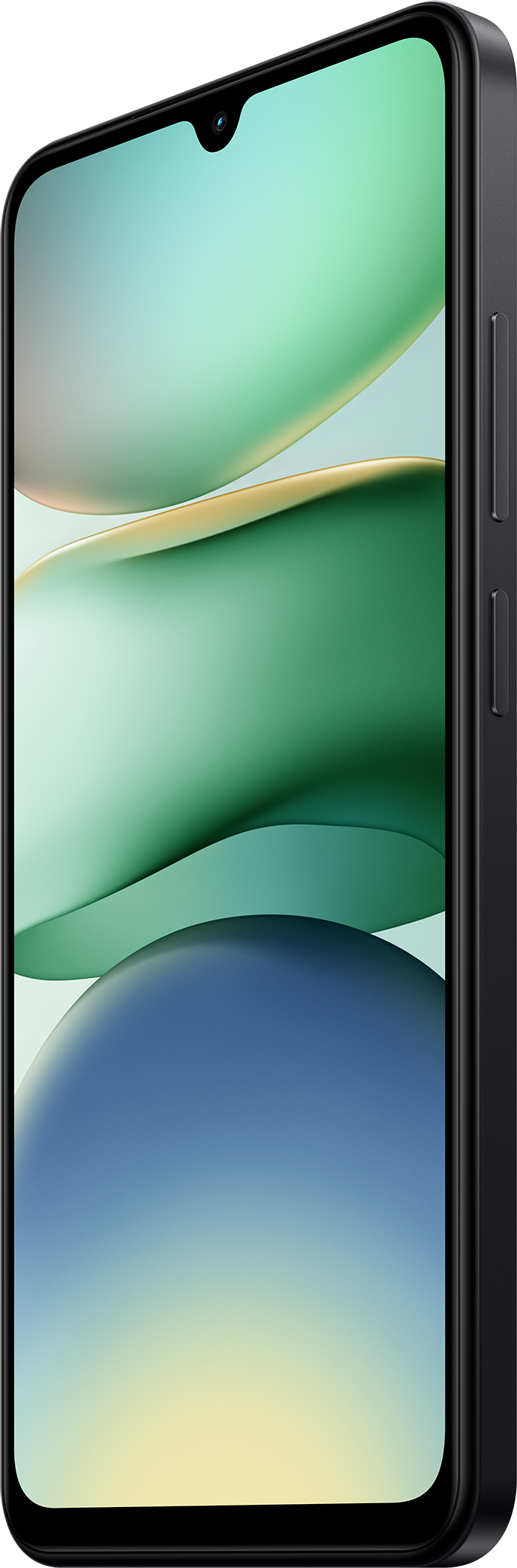 Fekete telefon, oldalsó nézet, színes, absztrakt háttérrel.