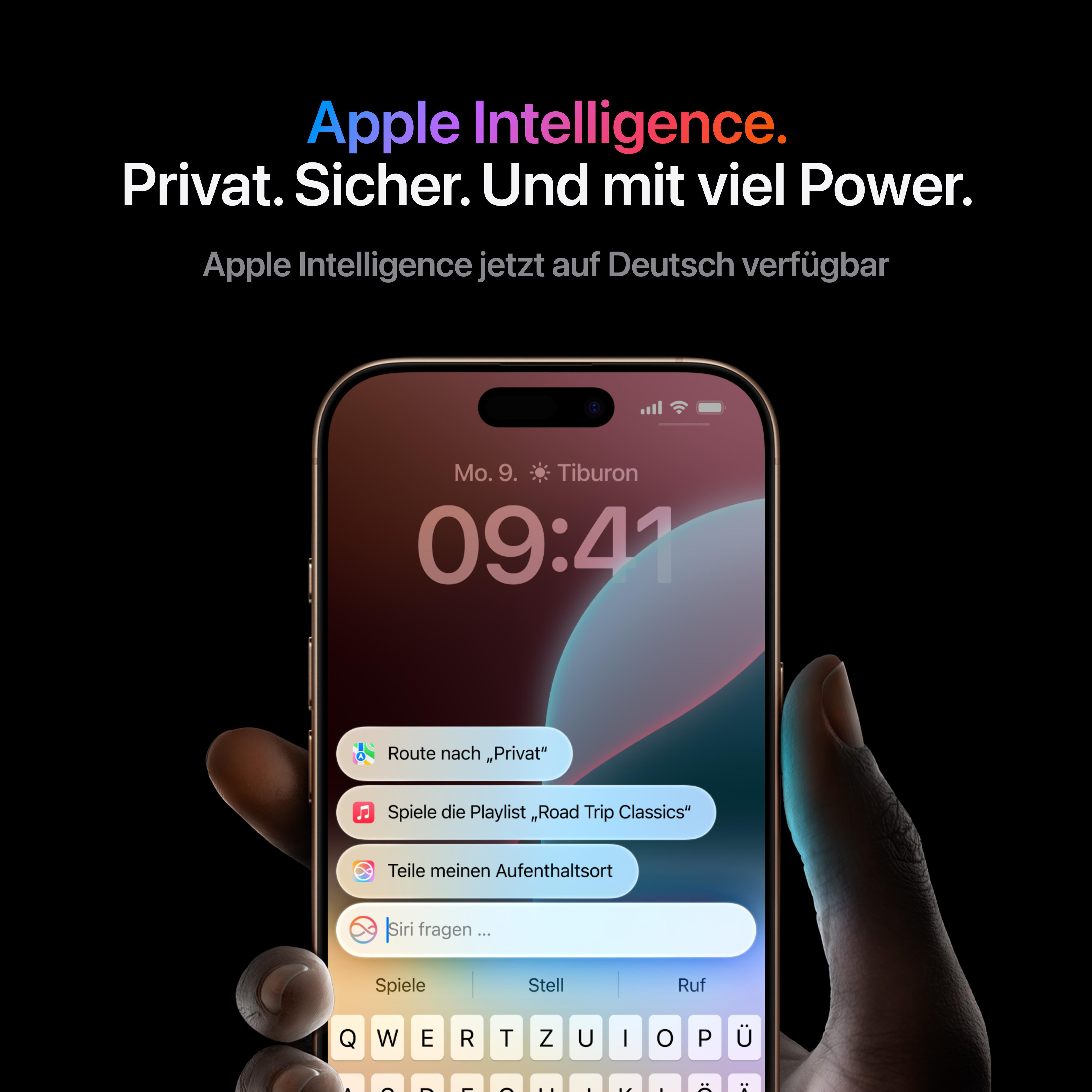 Ein iPhone-Bildschirm mit deutscher Oberfläche und Siri-Vorschlägen. Text oben: Apple Intelligence. Privat. Sicher.
