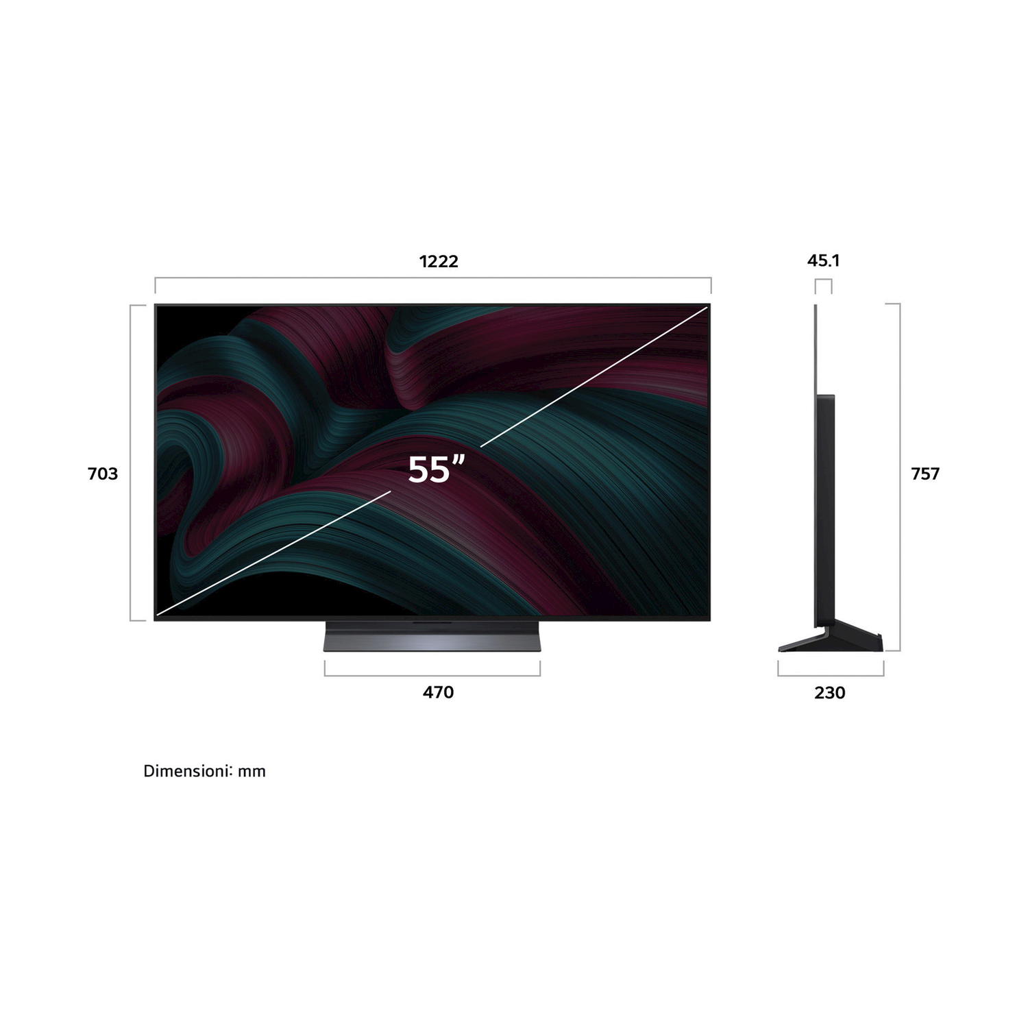 Uno schermo TV con dimensioni, supporto nero e sfondo colorato.