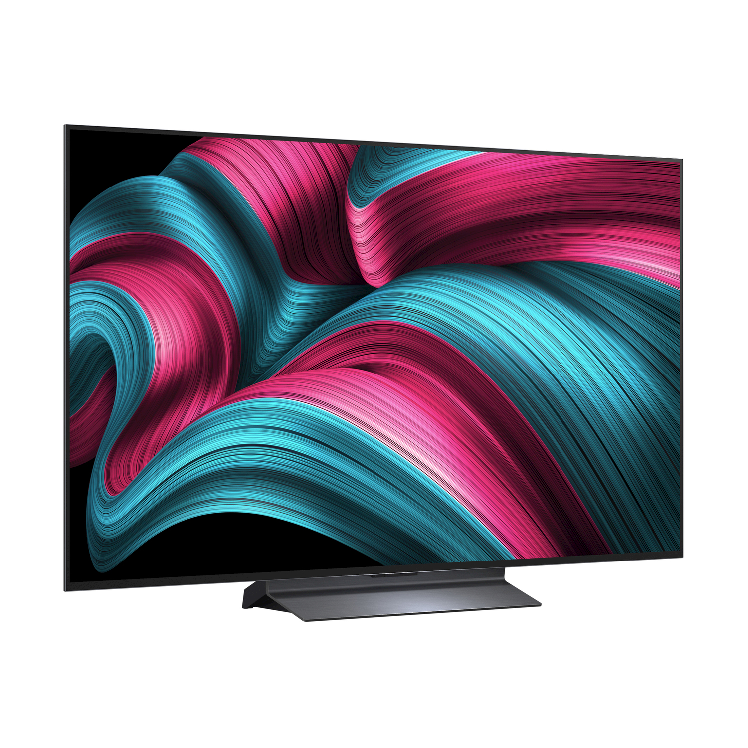 Un grande televisore che mostra arte astratta colorata. Il televisore è su un supporto, con sfondo nero.