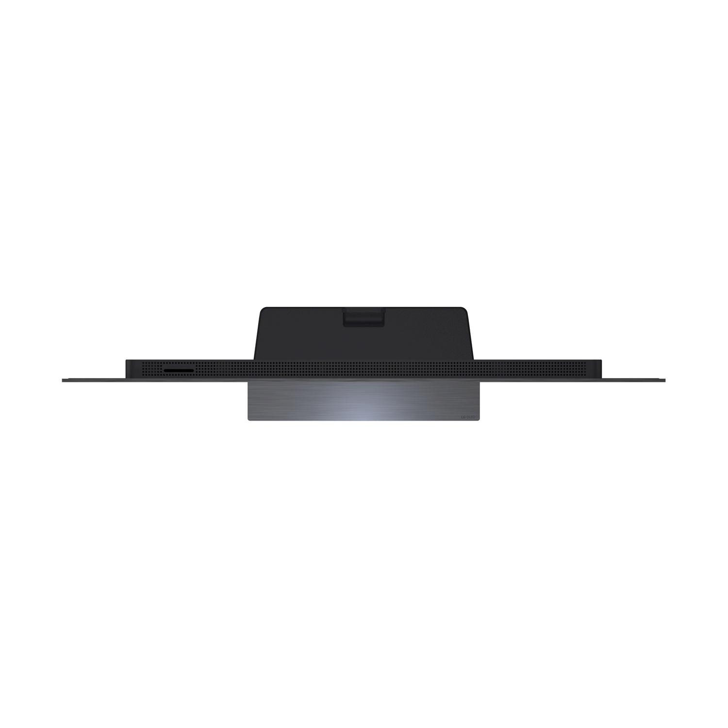 Vista dall'alto di una TV nera con base argentata, design minimalista.