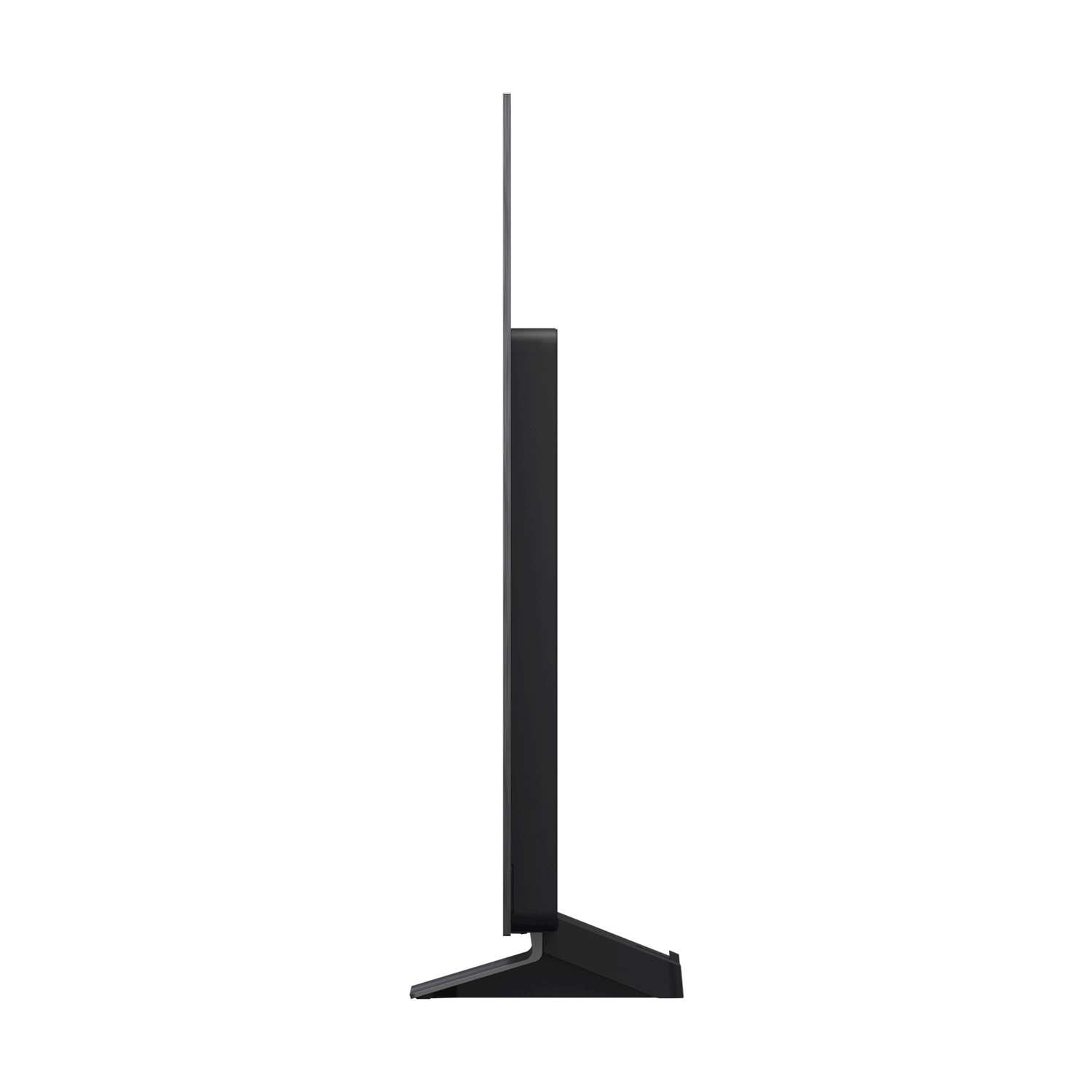 Vista laterale di una TV nera con supporto.