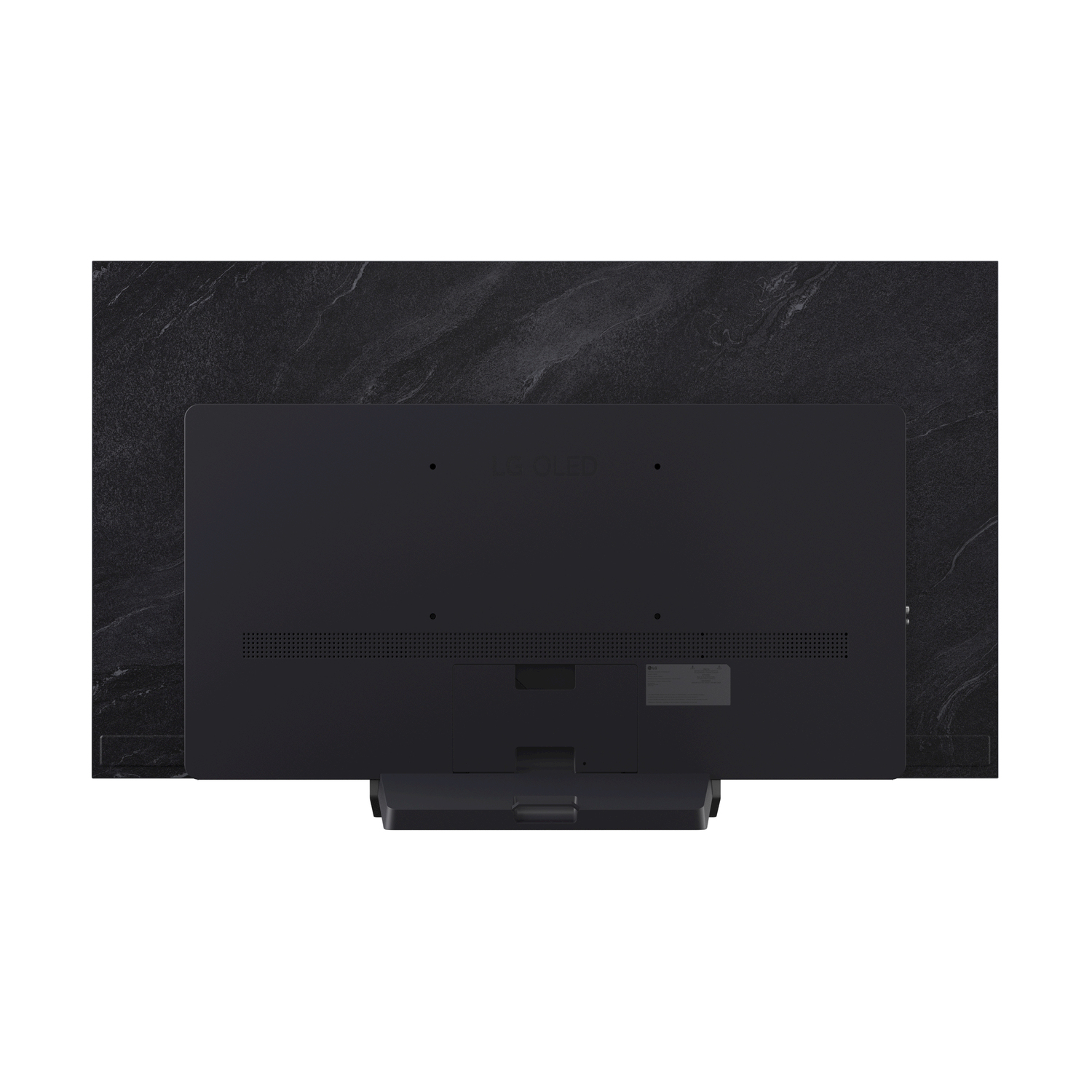 Una TV nera con un supporto nero, contro un muro grigio scuro con texture marmorea. Vista dall'alto.