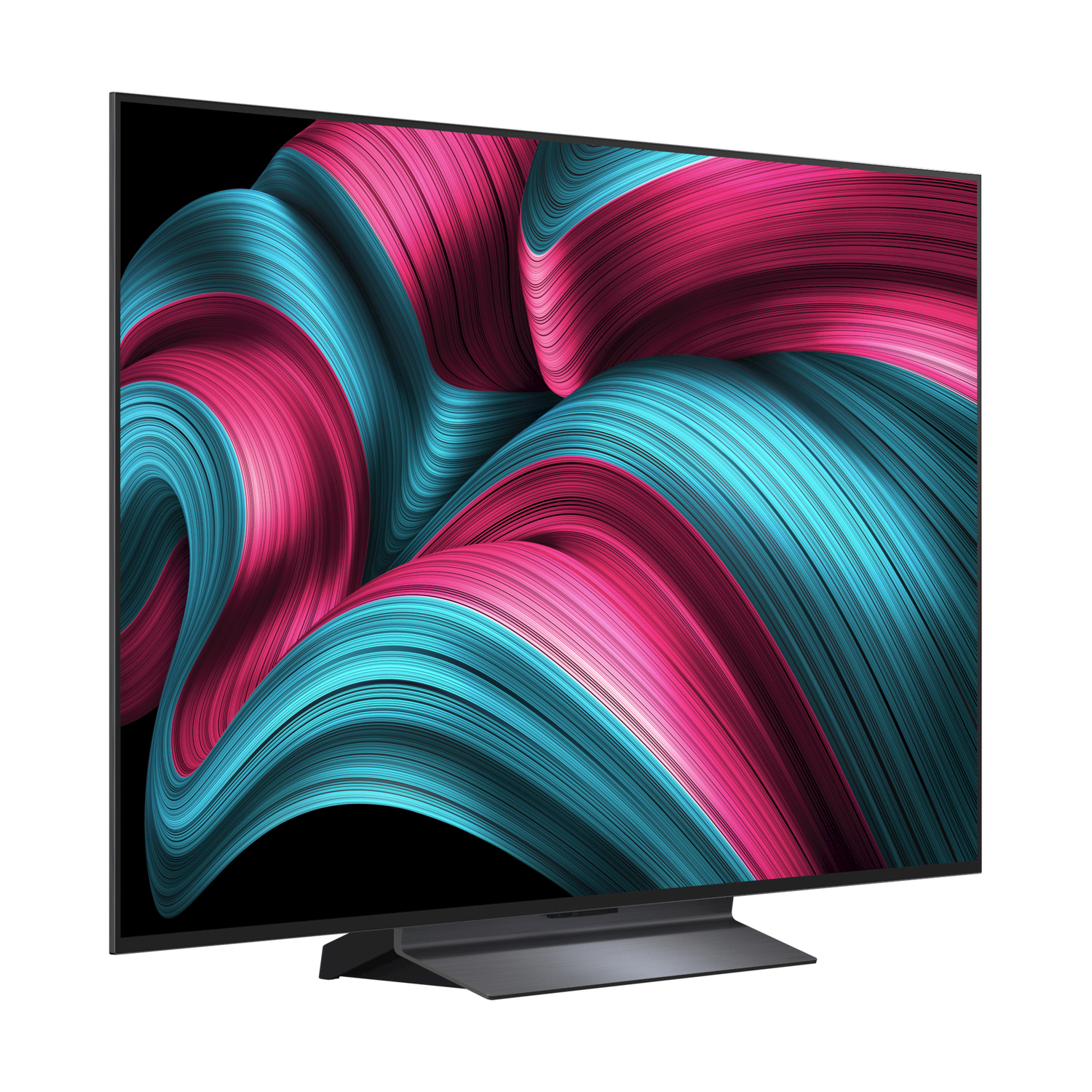 TV con schermo curvo che mostra un vivace motivo astratto di vortici rosa e blu.