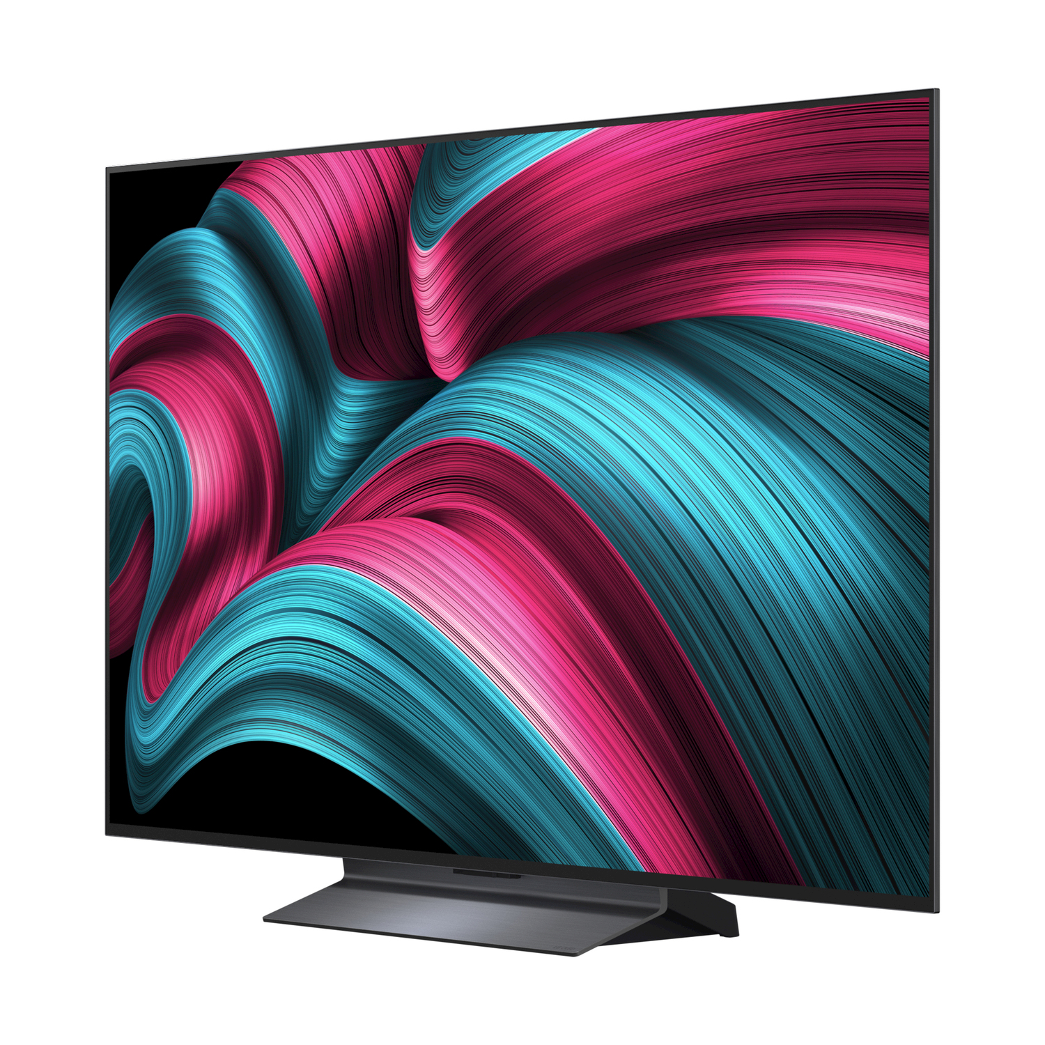 Un televisore mostra motivi astratti vorticosi blu e rosa su un supporto nero.