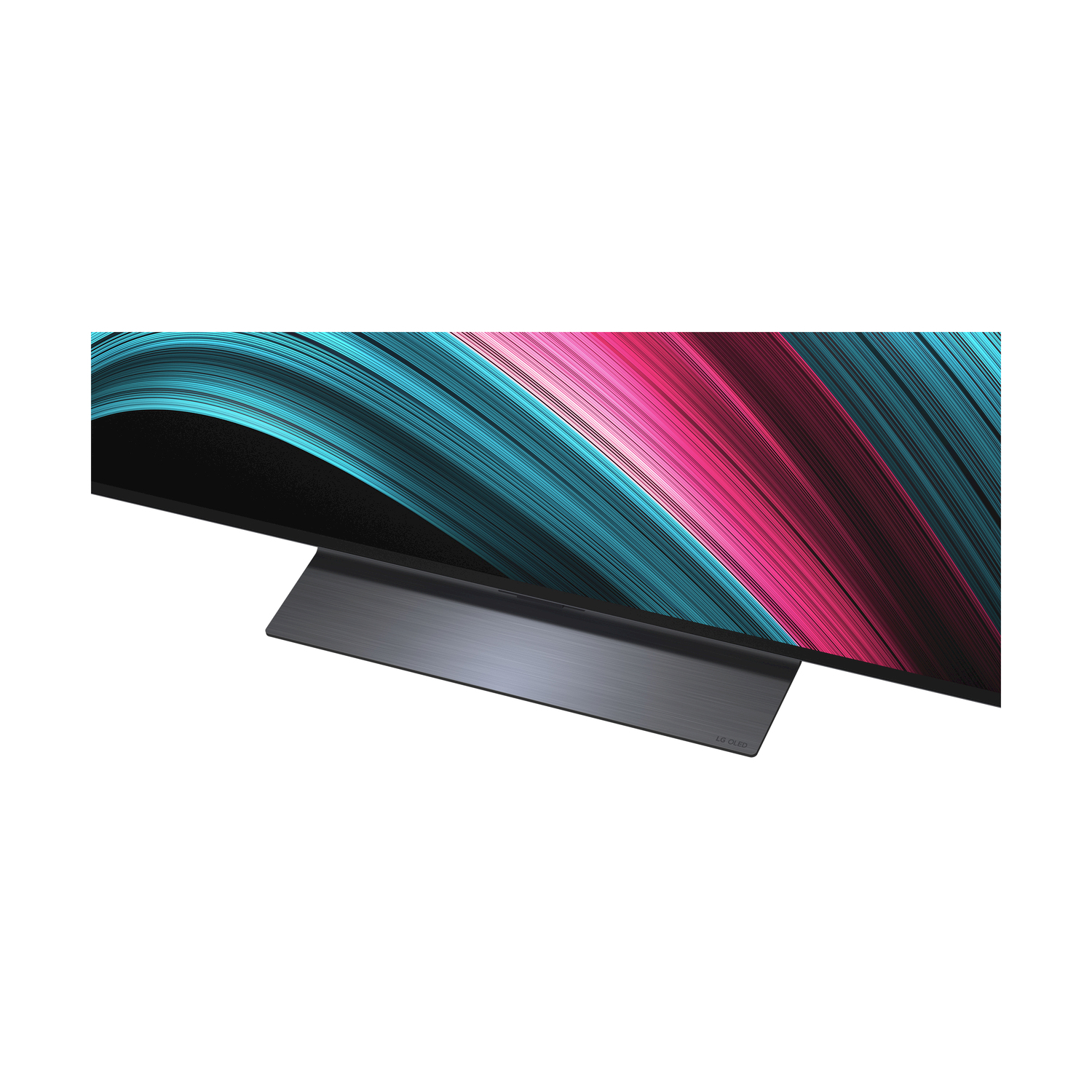 Un primo piano di uno schermo TV con base nera. Lo schermo mostra colori astratti blu e rosa.